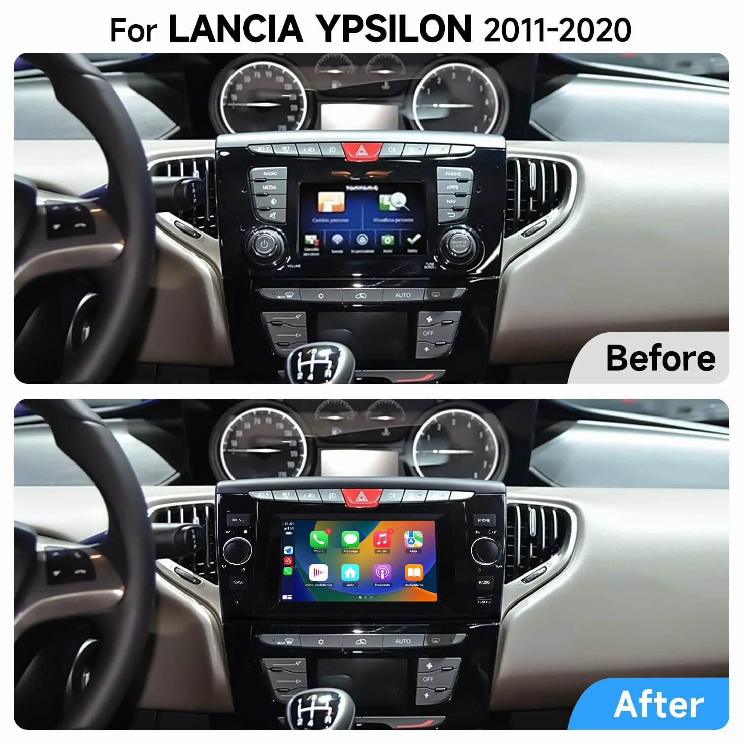Autoradio Custom Fit per Lancia Ypsilon 2011–2020 con CarPlay e Android Auto | Schermo Touch HD 2DIN | GPS Navigatore | Bluetooth | USB | Retrofit Plug & Play | Compatibile con comandi al volante