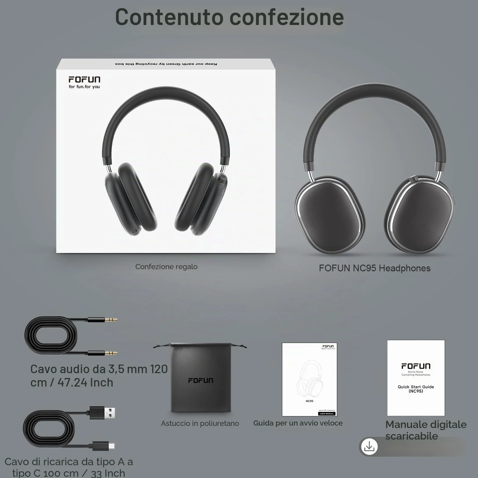 NC95 Cuffie Wireless Over-Ear Bluetooth 6.0, Cancellazione Attiva del Rumore,Controllo a Manopola, 120 Ore di Riproduzione,Controllo Tramite App,Vestibilità Comoda