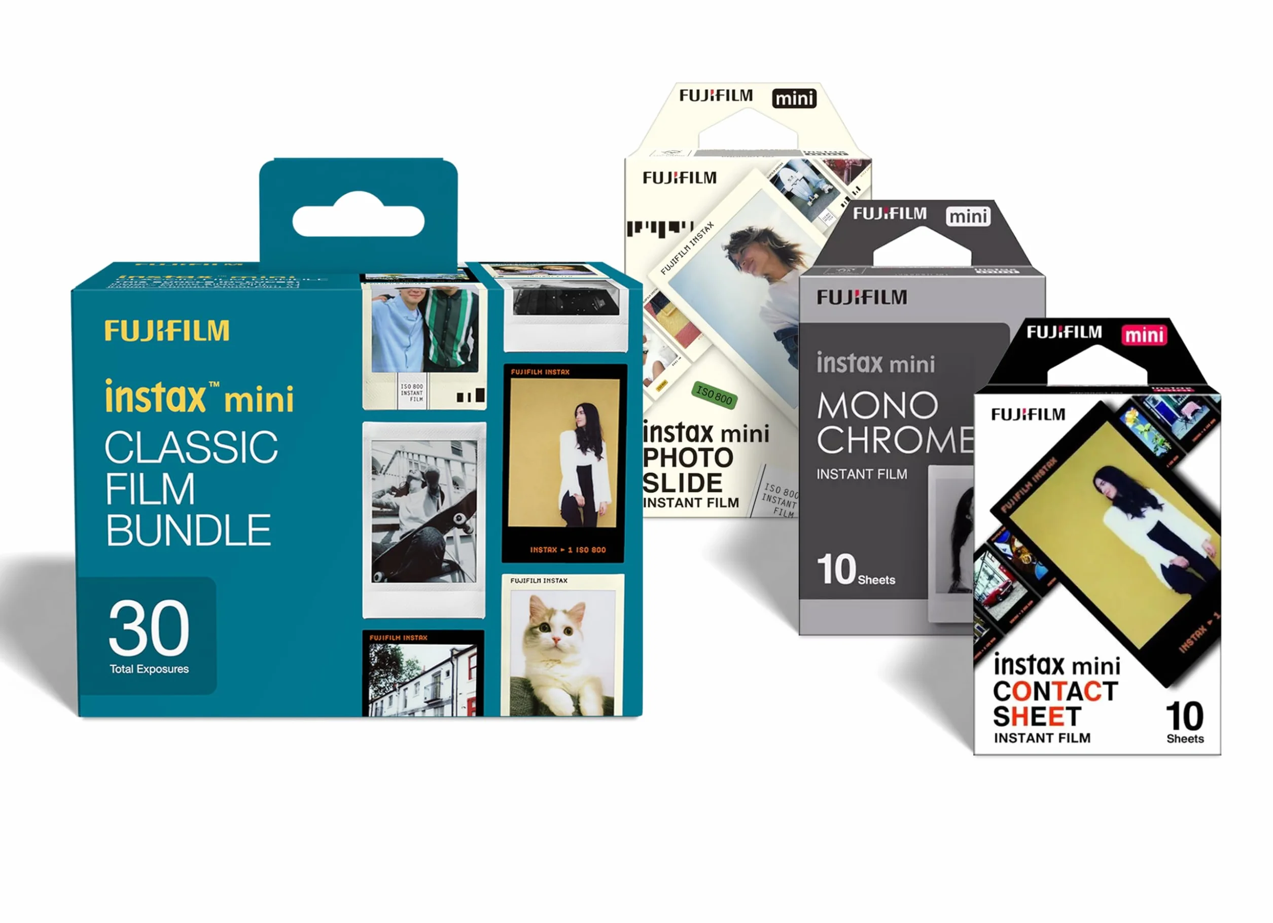 instax mini CLASSIC film bundle pellicole, 30 scatti, 3 pacchi da 10 scatti, motivo bordo Photo Slide, Contact Sheet e pellicole Monochrome
