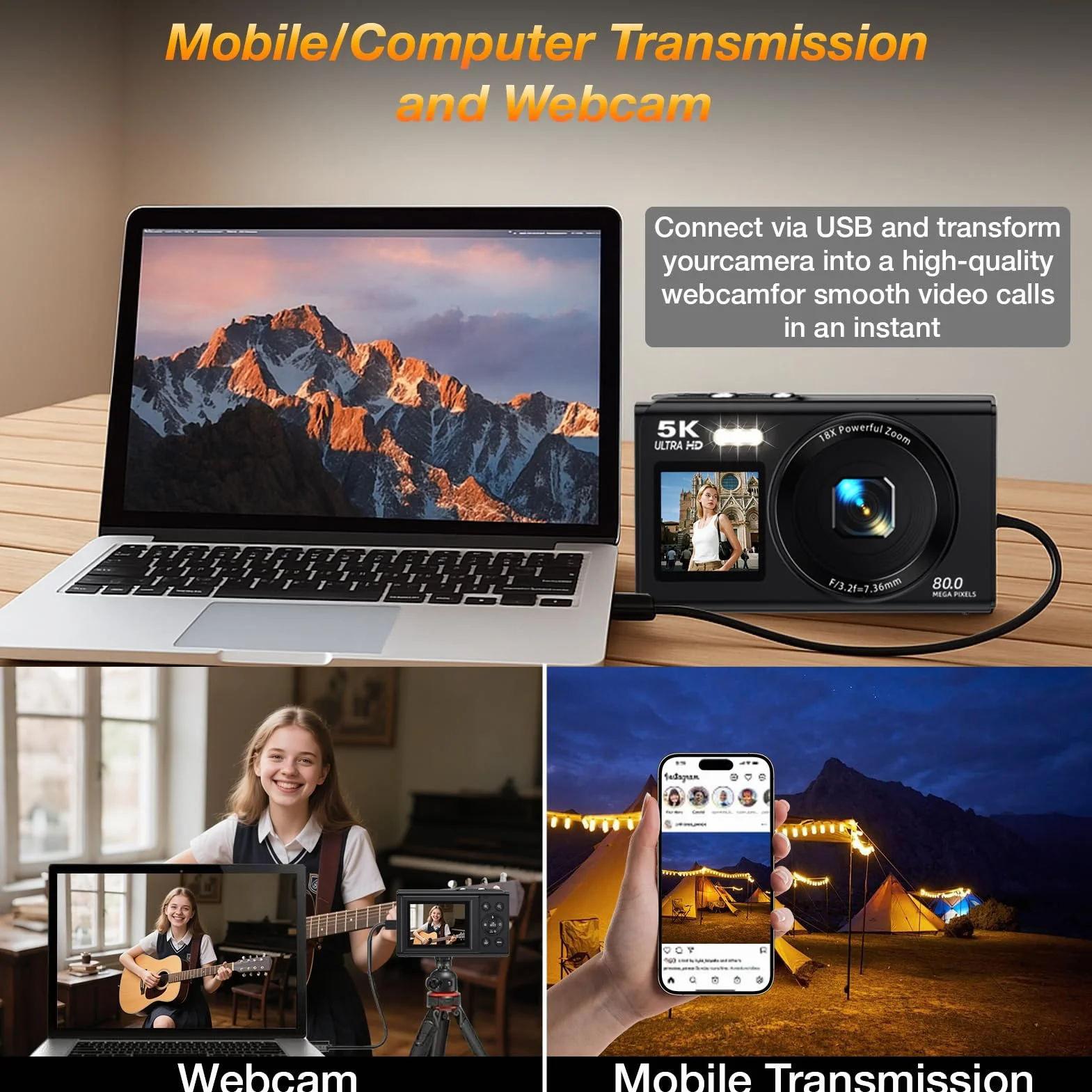 Fotocamera digitale a doppio schermo 5K per Vlogging, fotocamera WiFi da 80 MP con display frontale, zoom 18x, luce di riempimento, include scheda da 64 GB e 2 batterie