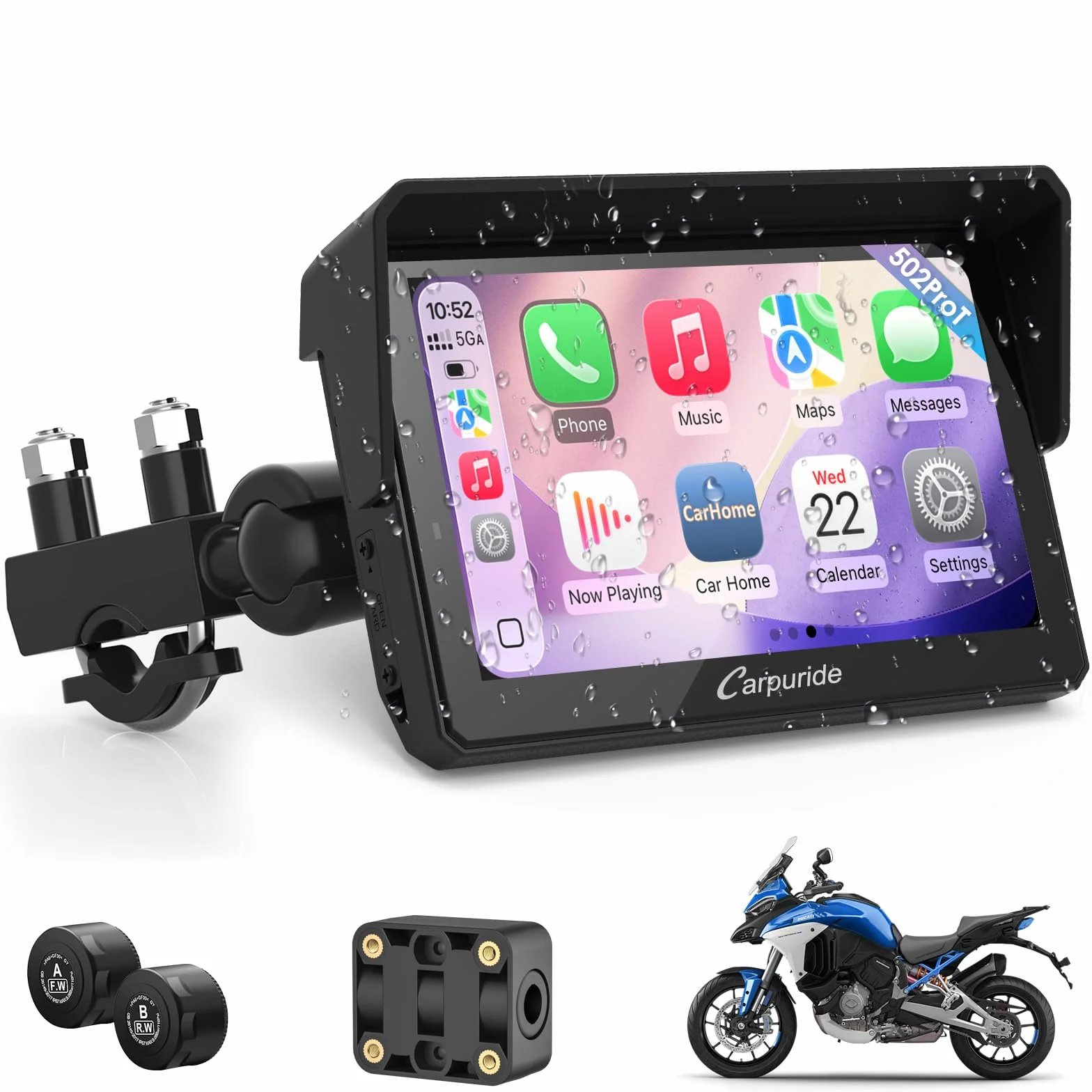 Carpuride W502TPRO per Moto con CarPlay, Android Auto, TPMS e Doppio Bluetooth - Schermo di Navigazione GPS Impermeabile da 5" per Moto, Interfono, Sensore di Luminosità, Bussola, Barometro
