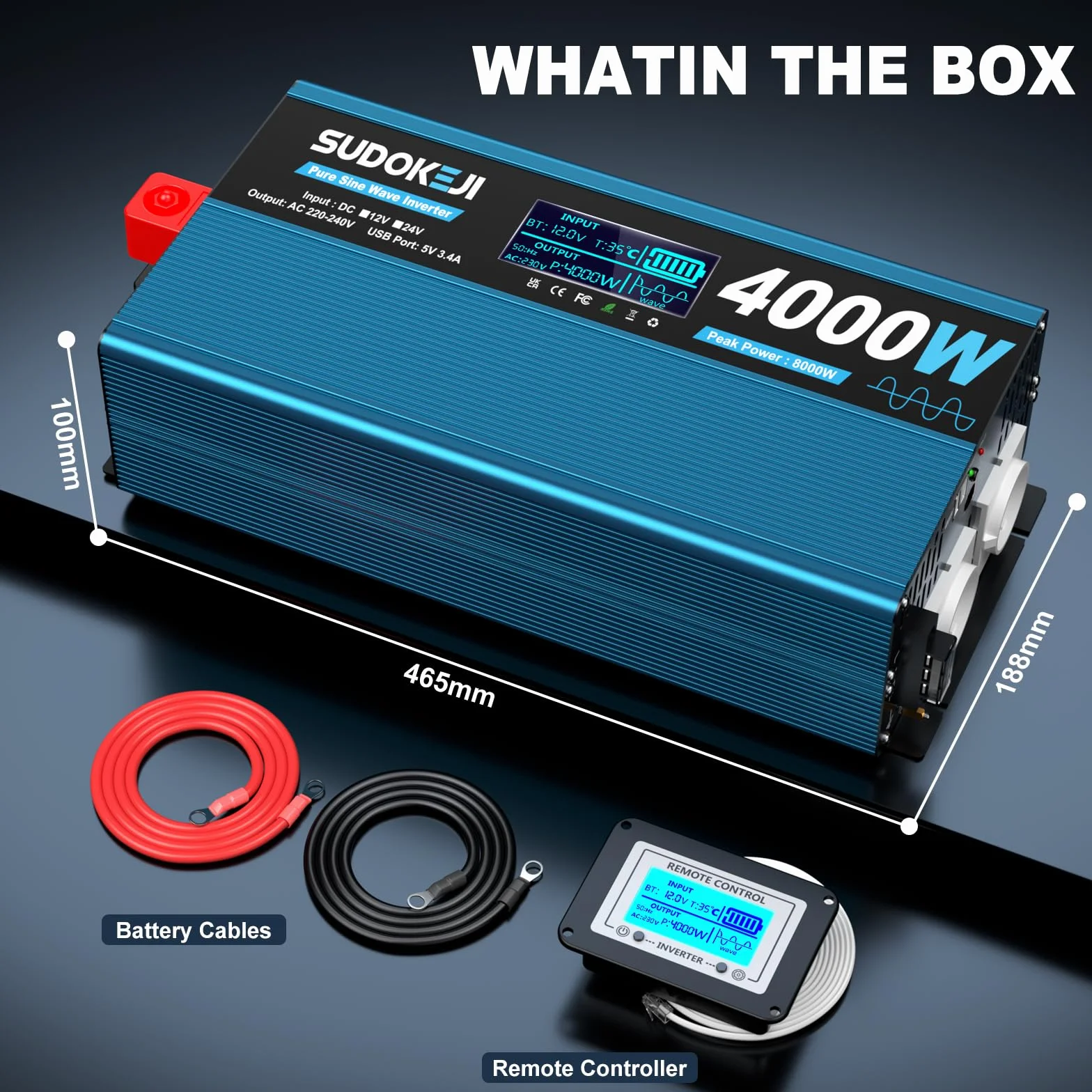 SUDOKEIJI Inverter 4000W Onda Sinusoidale Pura 12V a 230V Convertitore di Tensione con Telecomando Schermo LCD 2 Prese EU e 2 Porte USB per Camper Camion Campeggio Nautica