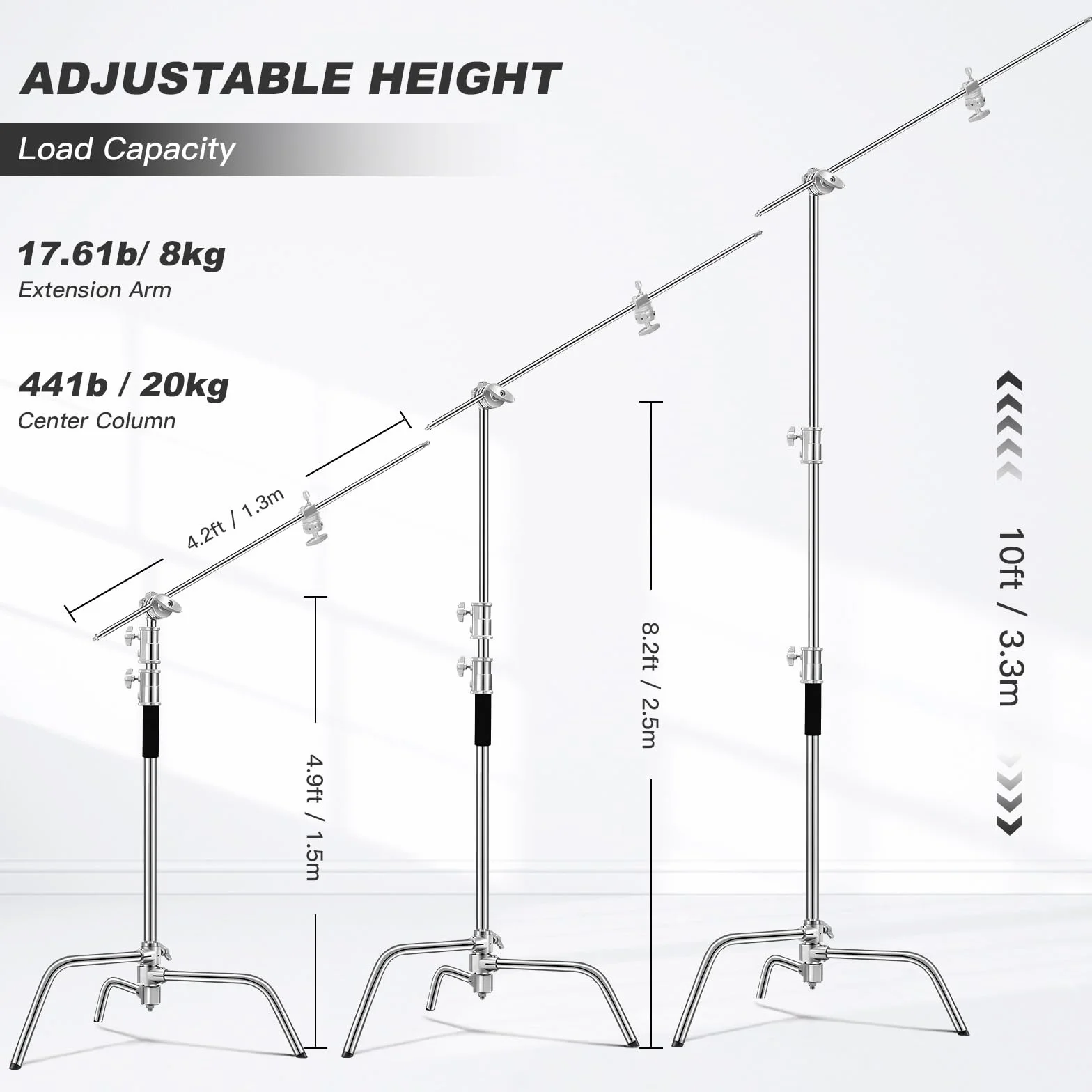 Soonpho 2-Pack C Stand Set 100% Acciaio Inossidabile Heavy Duty Supporto a C Argento Fotografia Light Stand 330cm Regolabile Supporto Luce per Godox AD200 Pro SK400II Aputure 120D