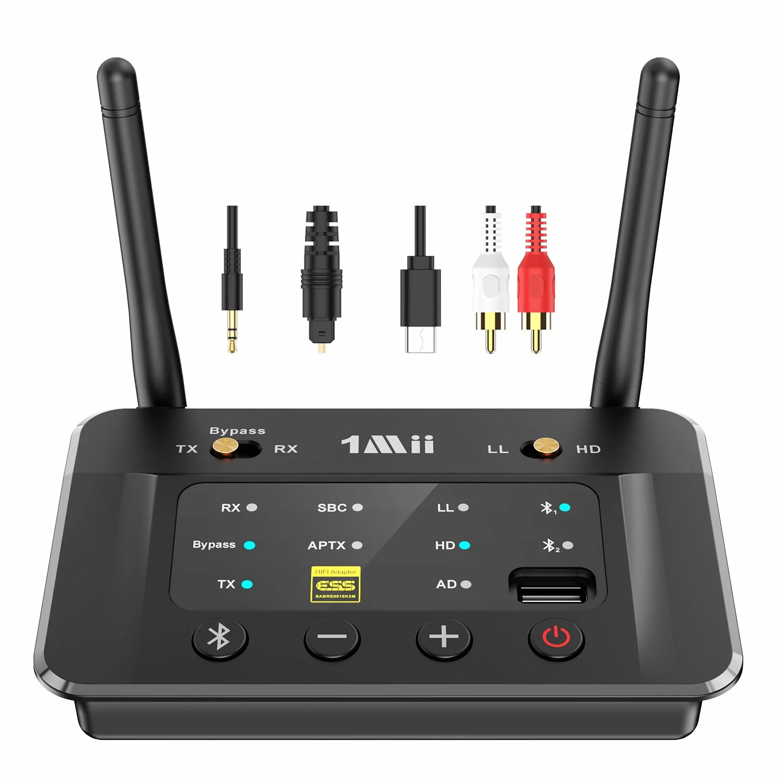 1Mii B03S Trasmettitore Ricevitore Bluetooth 5.3 per TV Cuffie, Adattatore Audio HiFi con Chip DAC ESS, aptX LL/Adaptive/HD, Ottico/Jack 3.5mm AUX (RCA), Lungo Raggio per PC/Stereo, Dual Link