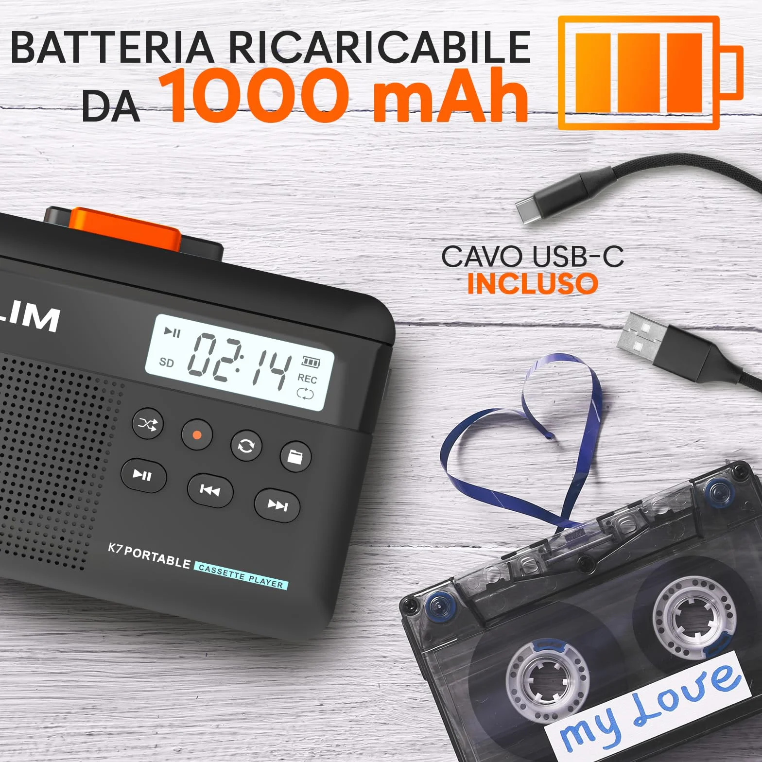 K7 Cassette Player MP3 Converter Portatile con Microfono e Altoparlante Incorporati Batteria Ricaricabile Auricolari Scheda SD 16 GB Nero Arancione