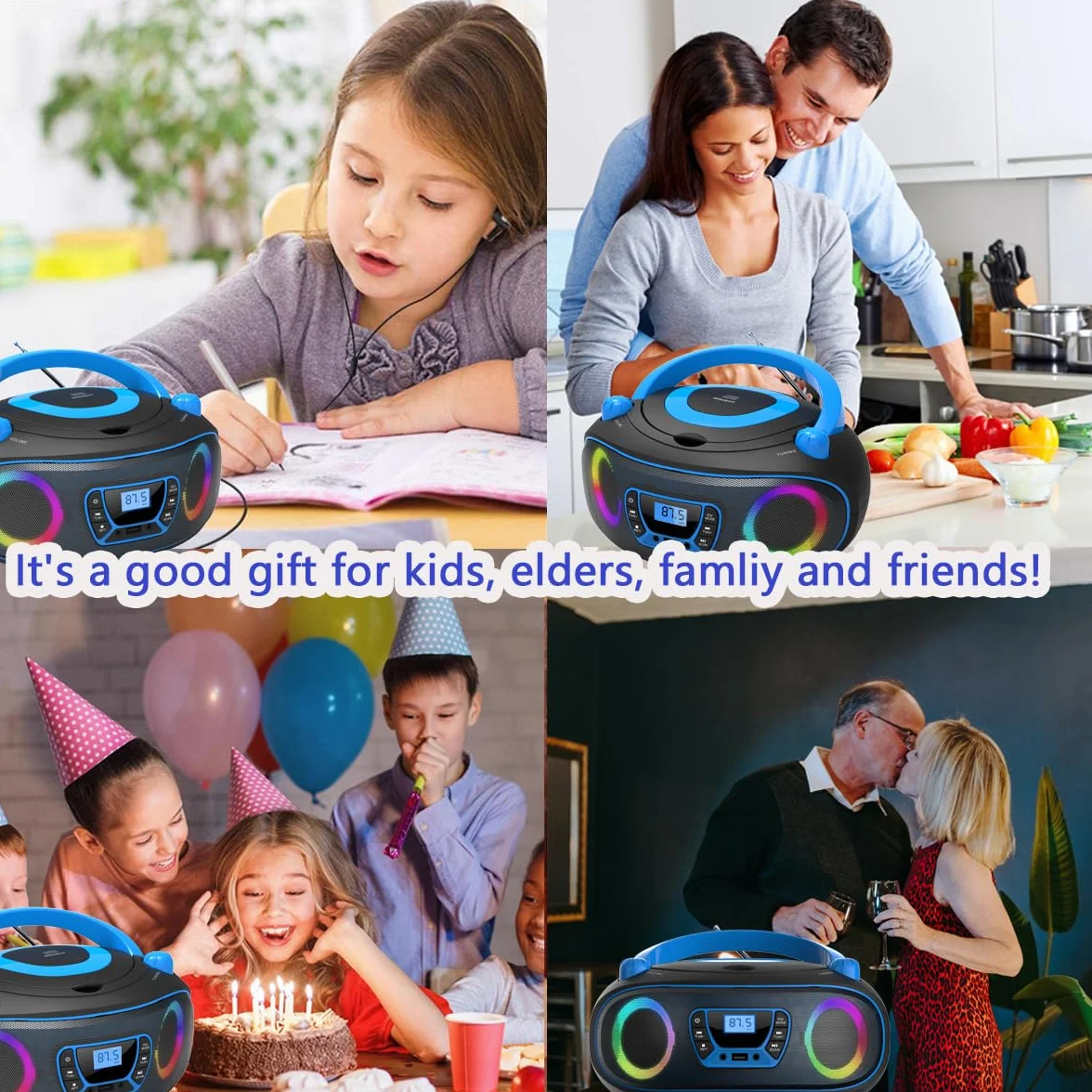 Lettore CD Radio portatile per bambini Boombox, con Bluetooth | Radio FM | USB | MP3 | Compatibile con CD-R/CD-RW, lettore CD radio