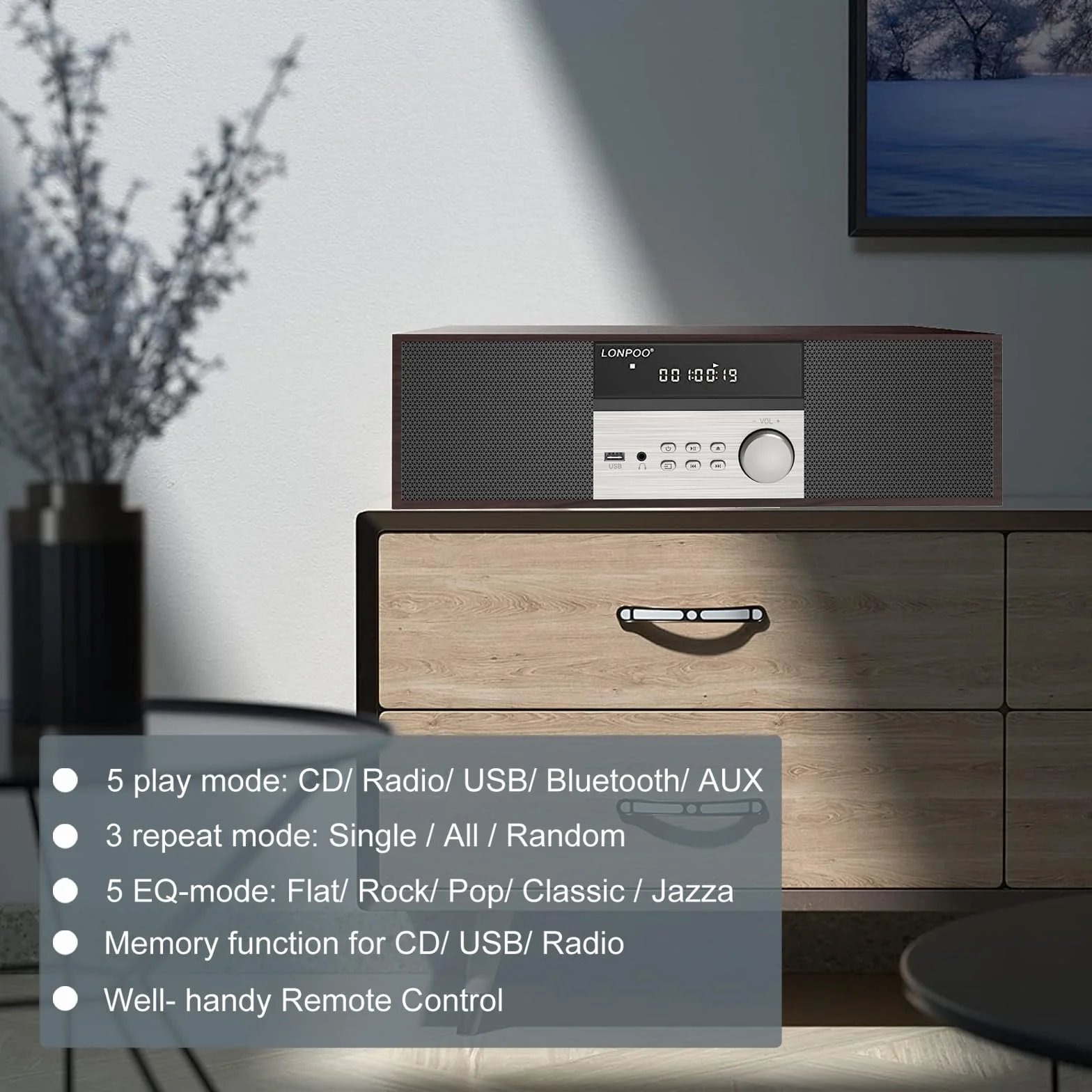 LONPOO Impianto Stereo Casa Micro HiFi Compatto con lettore CD, Bluetooth, radio FM, USB, AUX-in, display LED e pulsante grande, telecomando (LP-816B)