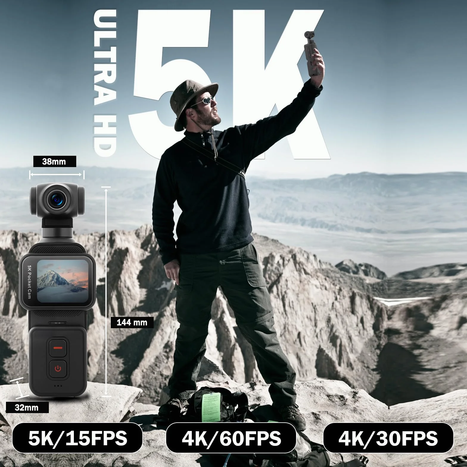 ydi 5K Fotocamera per Vlog con Touchscreen, Videocamera Portatile Wi-Fi POV Camera con Lente Elettrica Ruotabile a 270°, Rilevamento del Volto, Telecomando, Microfono Esterno, Scheda da 64GB