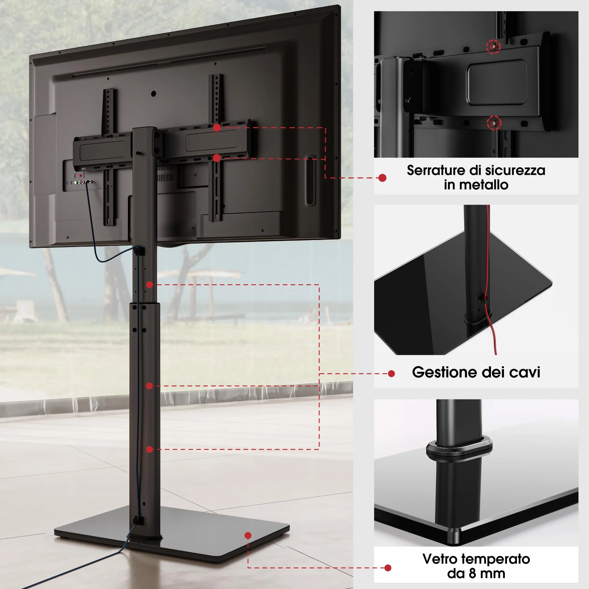 AOKCOS Supporto TV da Pavimento Girevole per 42-85 Pollici, inclinabile & Girevole & Altezza Regolazione Mobile Porta TV da Terra, Universale Max VESA 600x400mm 50kg