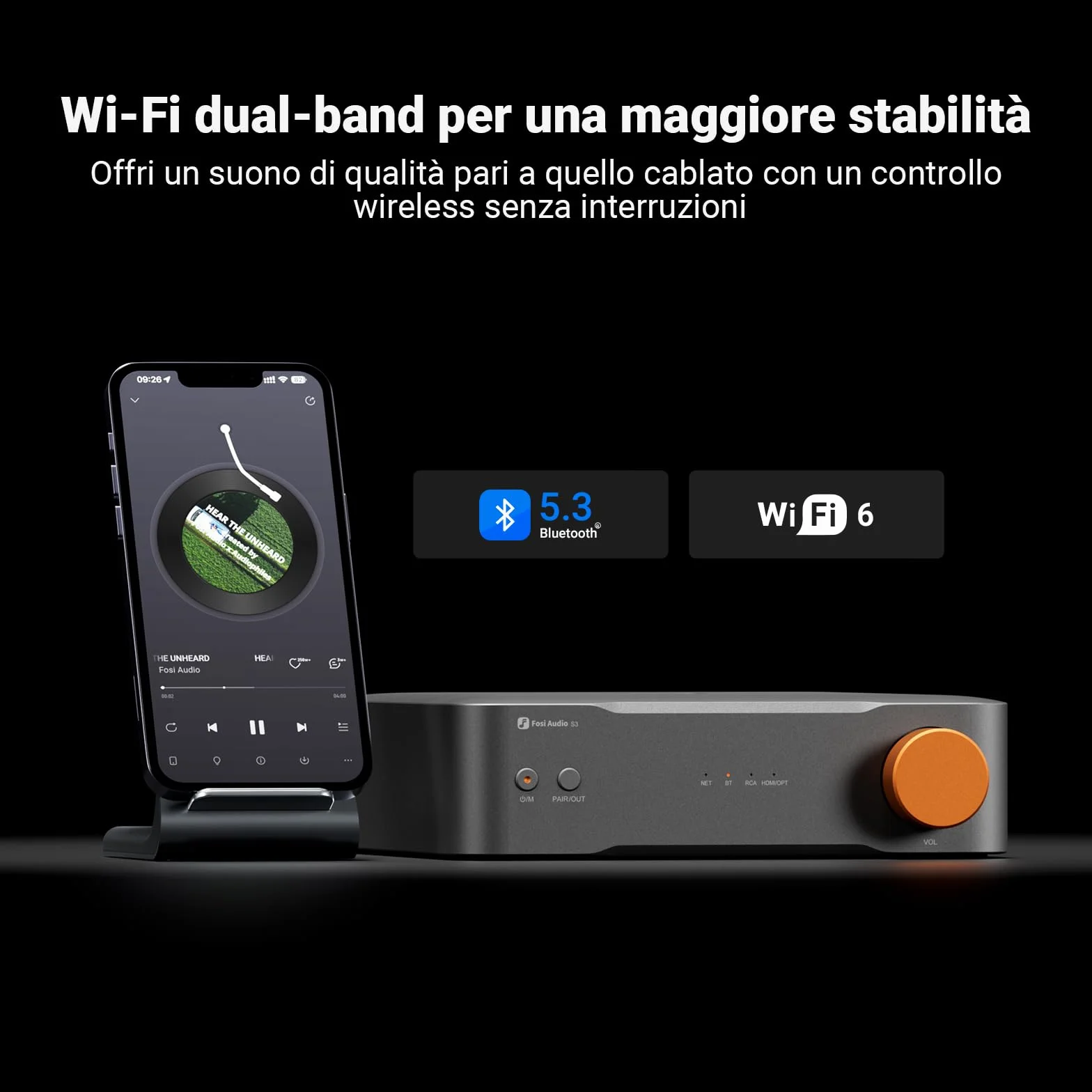 Fosi Audio S3 HiFi Music Streamer DAC Preamplificatore, Wi-Fi 6 Bluetooth 5.3, XLR bilanciato, HDMI eARC, AirPlay 2