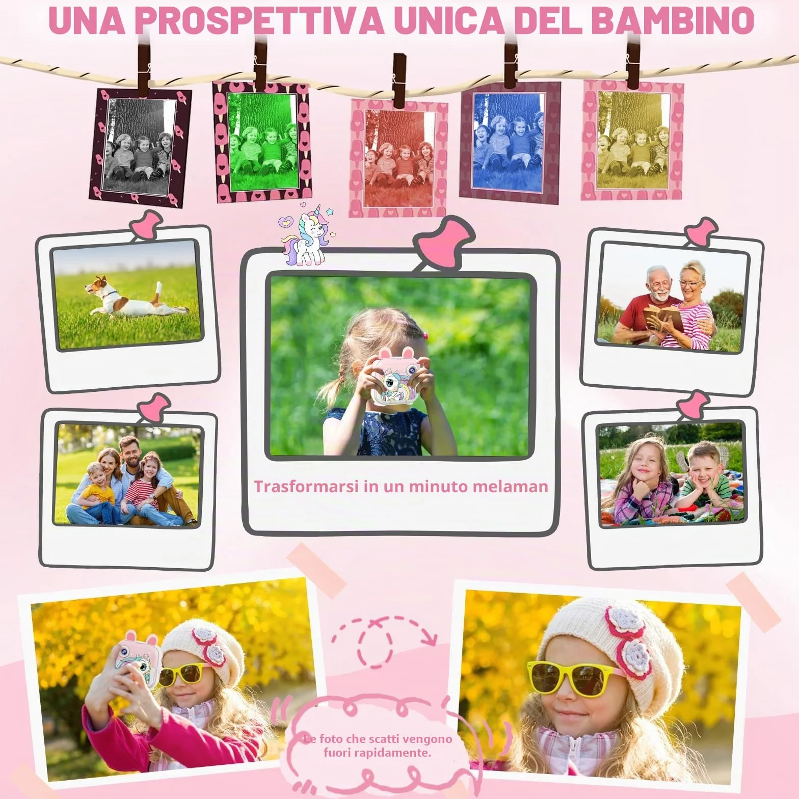 CATGIFF Macchina Fotografica Bambini Istantanea, 2.4 Pollici 1080P HD Fotocamera Digitale Bambini con Matita Colorata Carta da Stampa e 32GB Scheda, Rosa