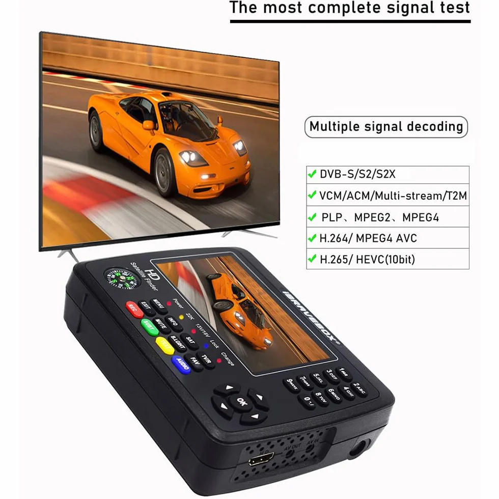 Jemora V10 Finder Max HD Satellite TV Signal Finder DVB-S/S2/S2X Digital Handheld Signal Meter Satellite Finder H.265 LCD da 4,3 pollici per la regolazione della parabola satellitare