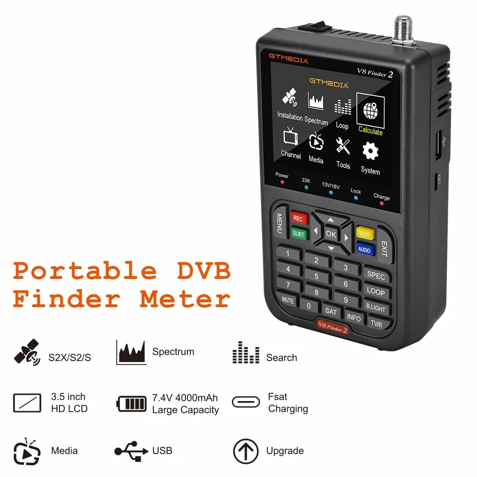 GT Media V8 FINDER2 - Localizzatore satellitare digitale e misuratore di segnale DVB-S/S2 H.264 HD 1080P con display LCD da 3,5" da 7,4 V/4000 mAh, ideale per la configurazione dell'antenna parabolica