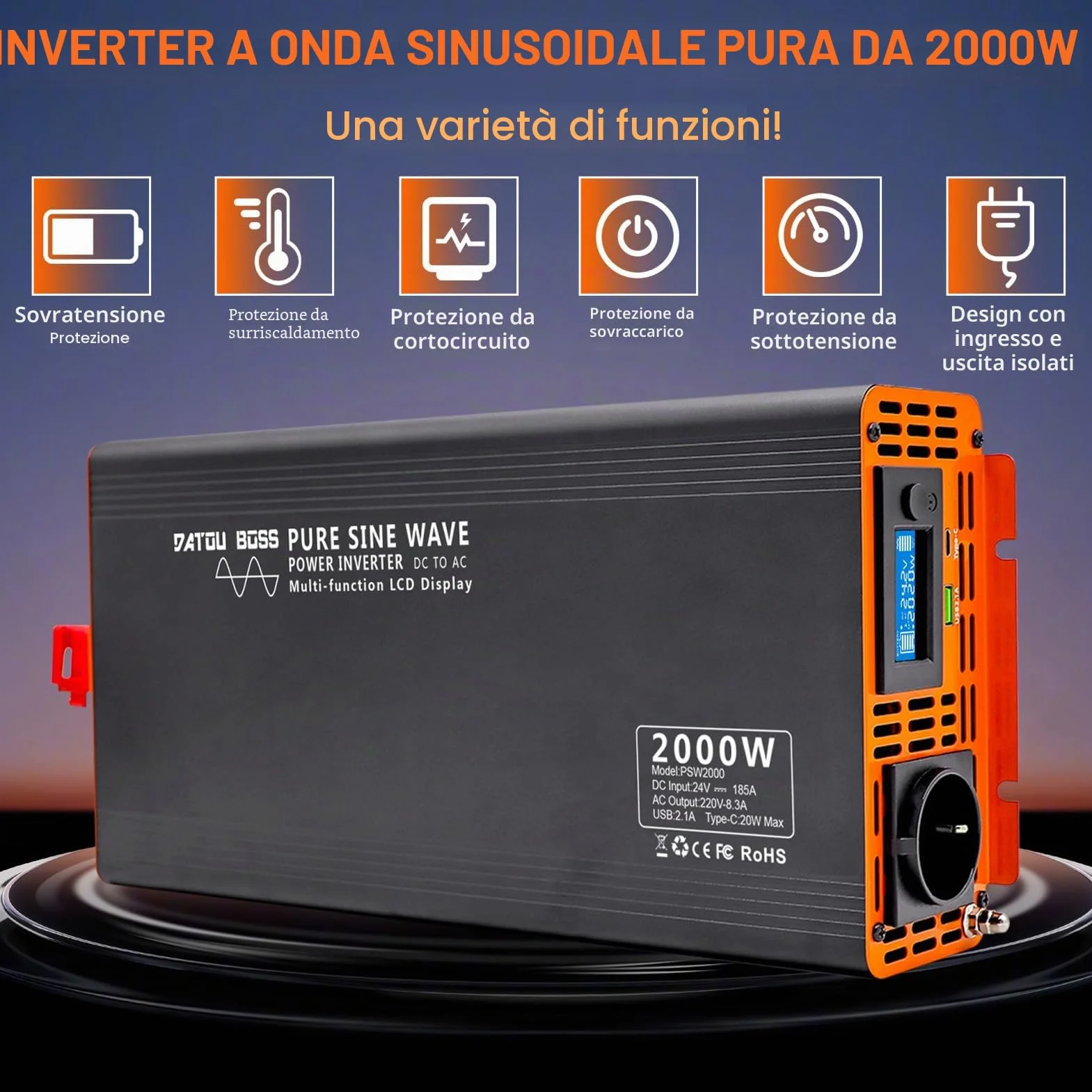 DATOUBOSS Inverter 24v 220v/230v Onda Pura 2000W/4000W, Inverter Onda Pura 2000W, Convertitore 24v 220v 2000w con LCD Display & Type-C e 1 presa AC e 1 Porta USB per Auto,Camion, Camper