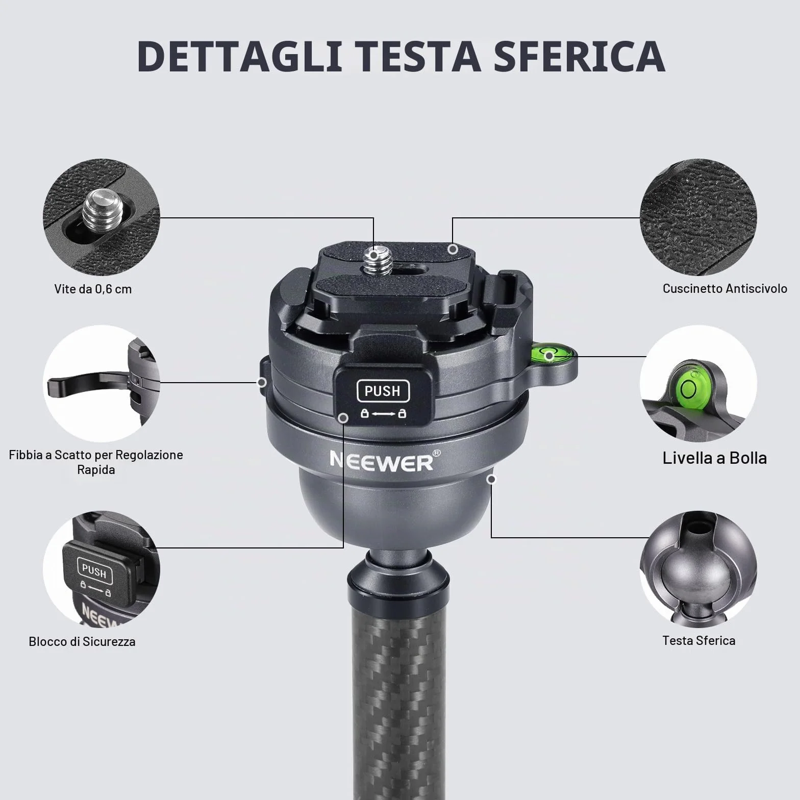 NEEWER Treppiede da Viaggio 62" Fibra di Carbonio con Livellamento ±15°Testa Pan 360°, Colonna Centrale Staccabile, Rilascio Rapido Arca Compatibile con Peak Design Piastra Treppiede Capture V3,TP62