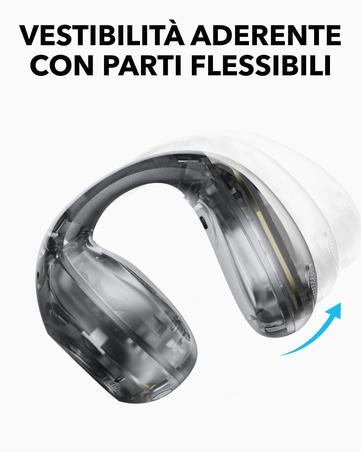 soundcore C40i di Anker, Auricolari open-ear, cuffie clip-on, design flessibile, controlli a pulsanti, comfort leggero, vestibilità stabile, supporti auricolari intercambiabili,driver con suono chiaro | Design flessibile, comandi a pulsante, comfort legge