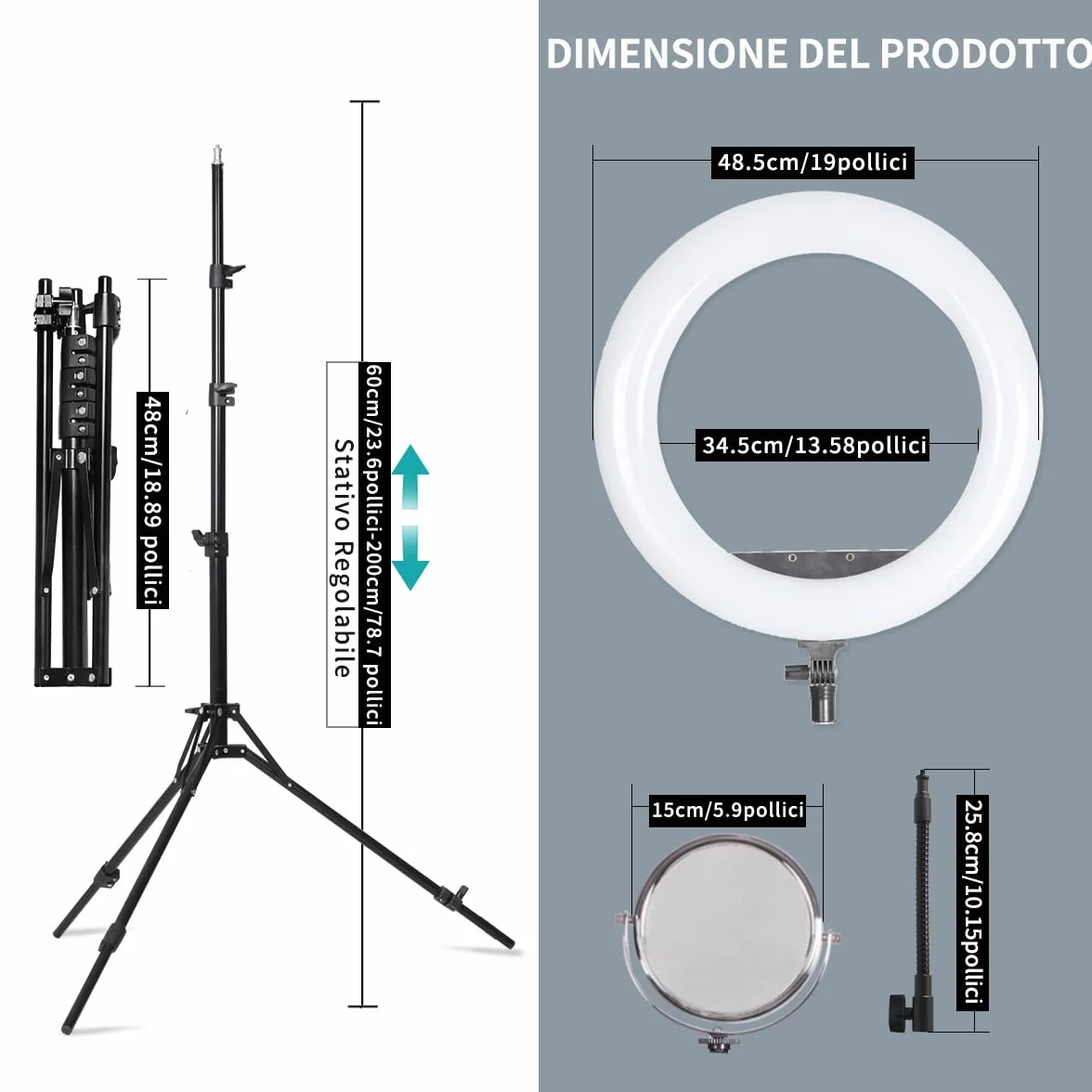 19" LED Luce Anulare Kit con Stativo, Specchio e Supporto per Telefono per La Fotografia in Studio, Ritratto, Selfies, Live Streaming, Registrazione Video, Riempimento Trucco di Bellezza