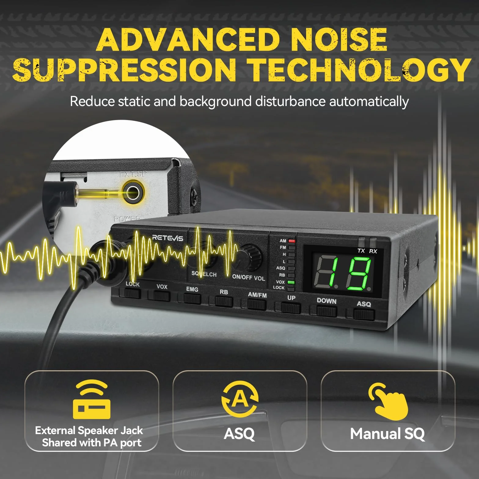 Retevis MB62 CB Radio, CB con Antenna ad Alto Segnale e Altoparlante Esterno, VOX, Riduzione Del Rumore ASQ/SQ, AM/FM, EMG CH9/19, Staffa di Montaggio, Radio Portatile per Camion (1 Pz)