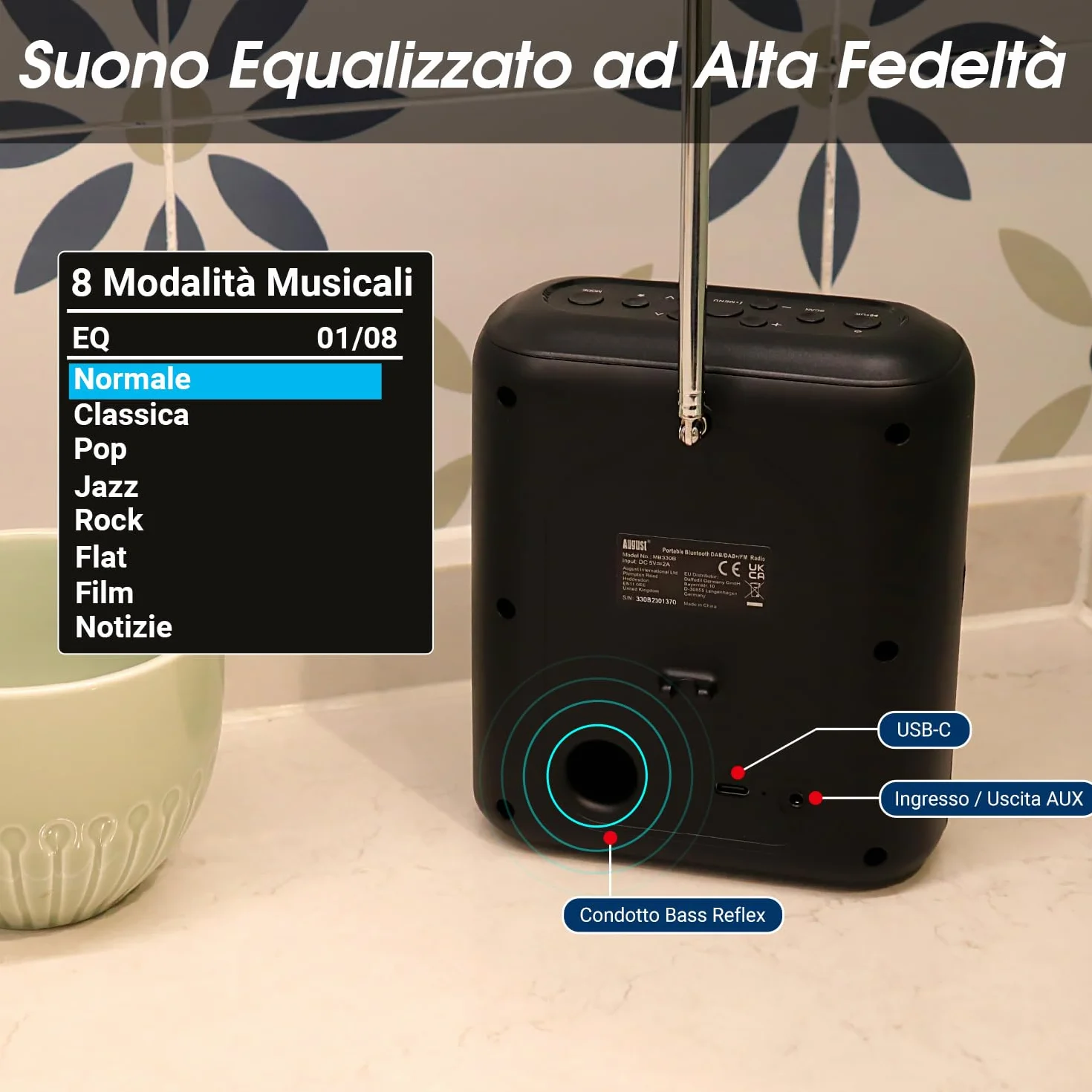 August MB330 Radio DAB Portatile con Bluetooth - DAB/DAB+/FM Radio Digitale, USB Ricaricabile Doppio Radiosveglia, 60 Preset,Timer Spegnimento,AUX In/Out,EQ,Display Colori per Cucina, Camera e Outdoor
