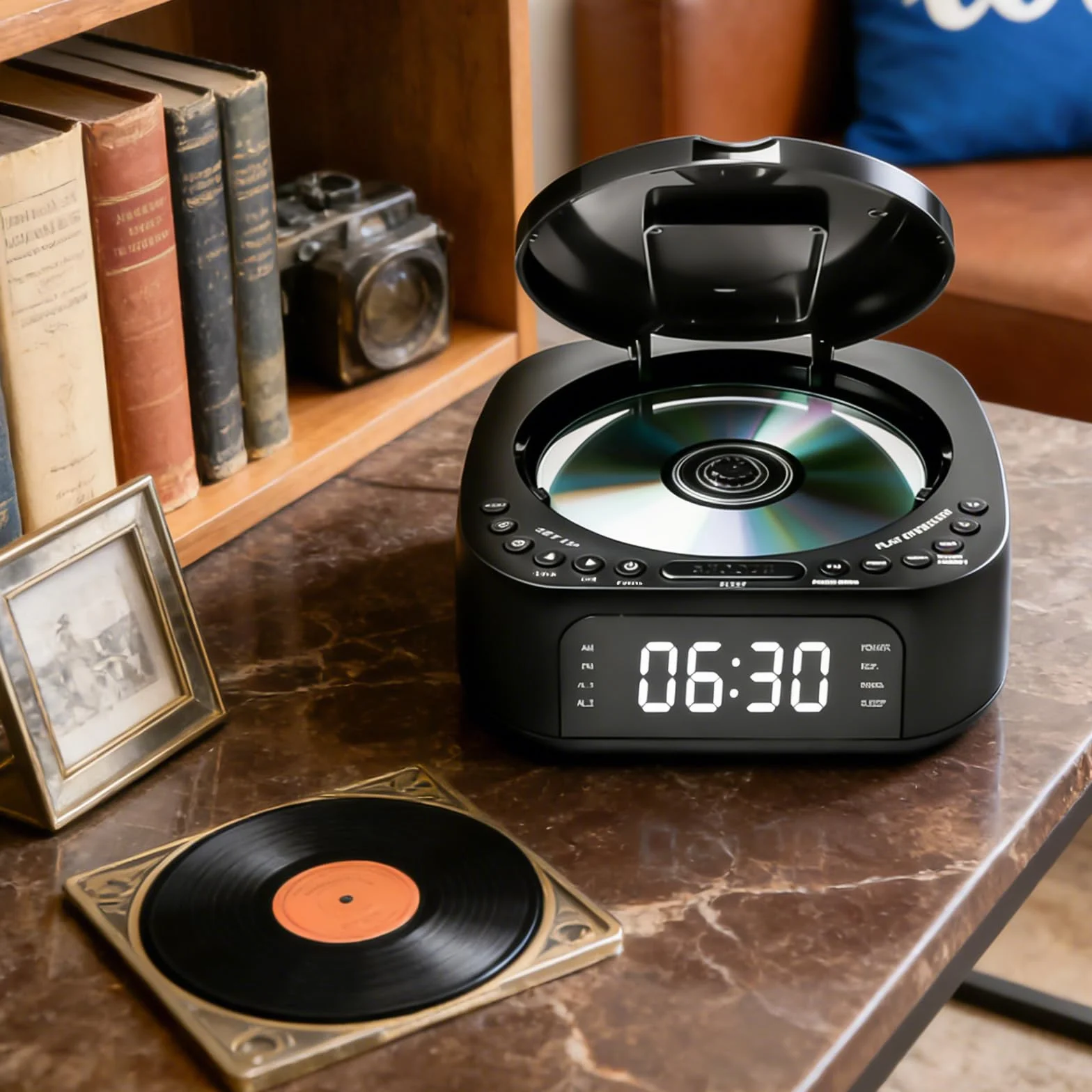 Lettore CD portatile con Bluetooth, radio FM, lettore CD MP3 con doppio altoparlante stereo, sveglia, SleepTimer, lettore CD ricaricabile, supporta USB/AUX, display grande, telecomando, nero