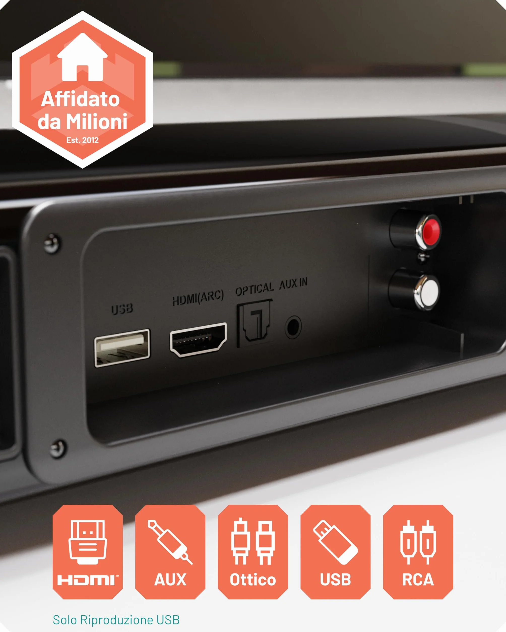 Oakcastle Soundbar Home Theater a 2 Vie Style | 120W Casse Altoparlanti 2.2 Cannali TV Surround Audio Monitor | Bluetooth, HDMI, RCA, AUX, Cavo Ottico Con Telecomando SB80