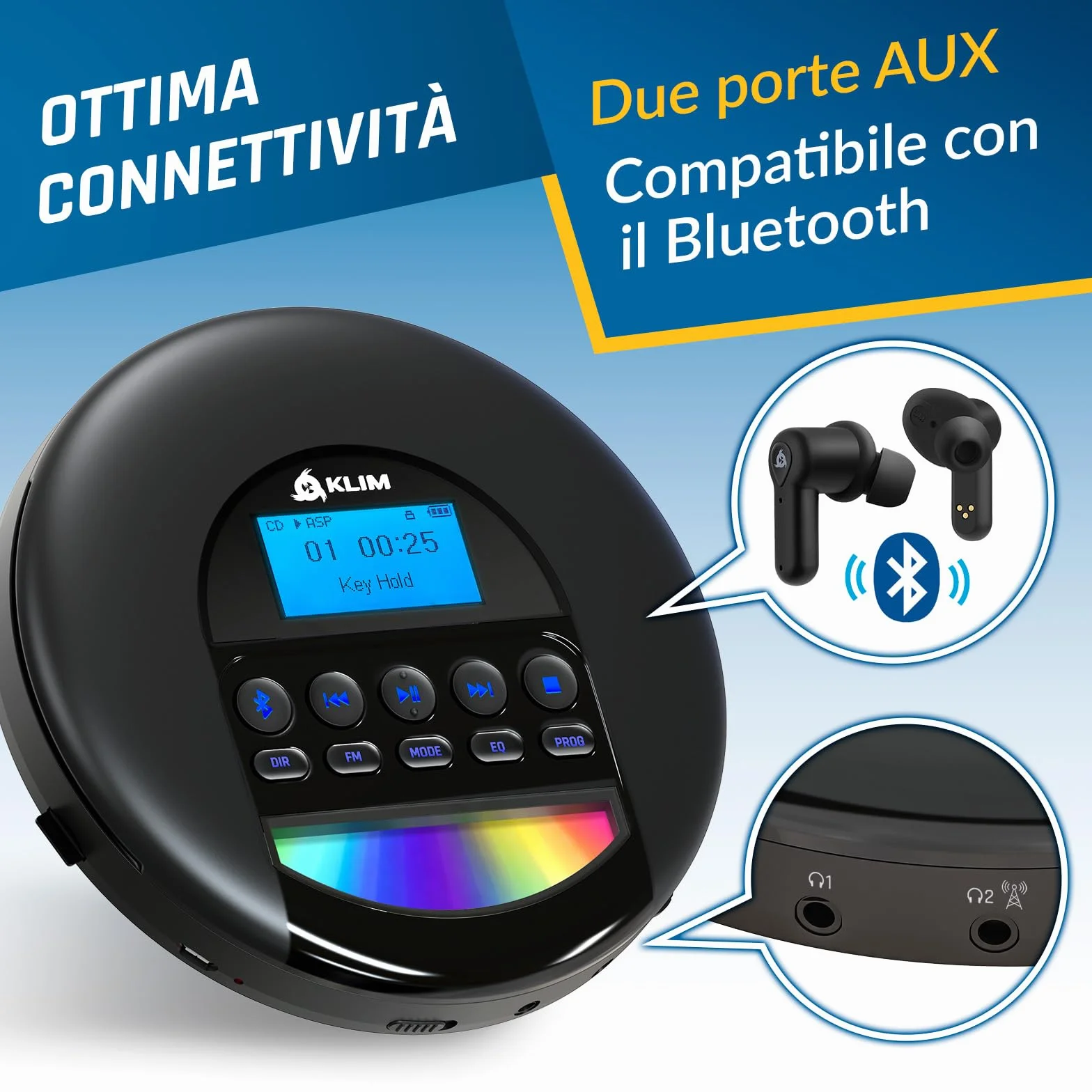 KLIM Nomad Lettore CD Portatile Bluetooth 16GB TF Card Radio FM Nero