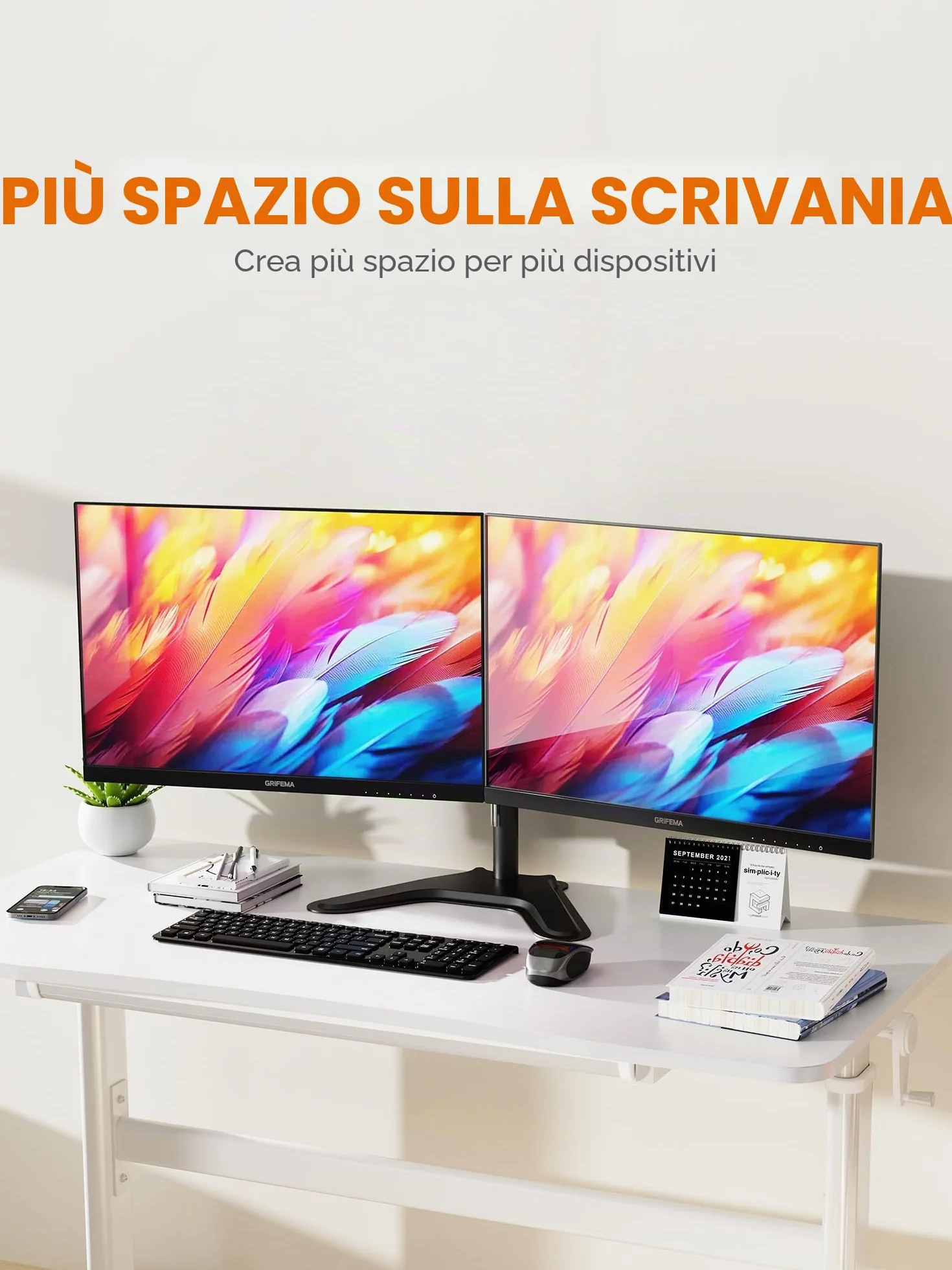 GRIFEMA Braccio Monitor Doppio per Schermi 13-32'', Supporto Doppio Monitor Altezza Regolabile, Base Allargata, Inclinazione, Girevole, Rotazione, Gestione dei Cavi, Fino a 10 kg, VESA 75/100mm