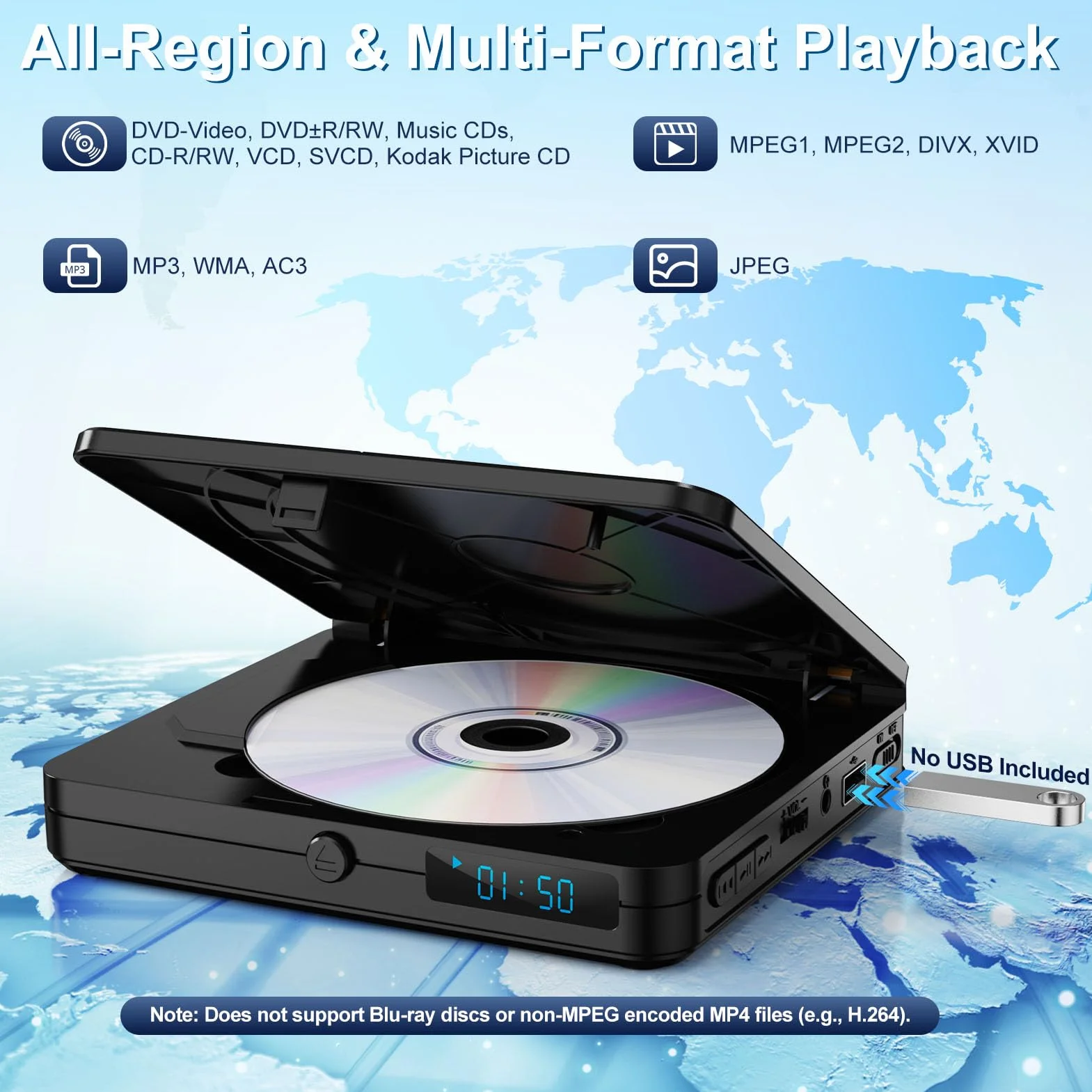 Mini lettore DVD con telecomando – All Region Free 1080P HD Piccolo lettore CD DVD compatto per Smart TV e proiettore, dispone di uscita HDMI, jack per cuffie, ingresso USB 2.0, supporto PAL