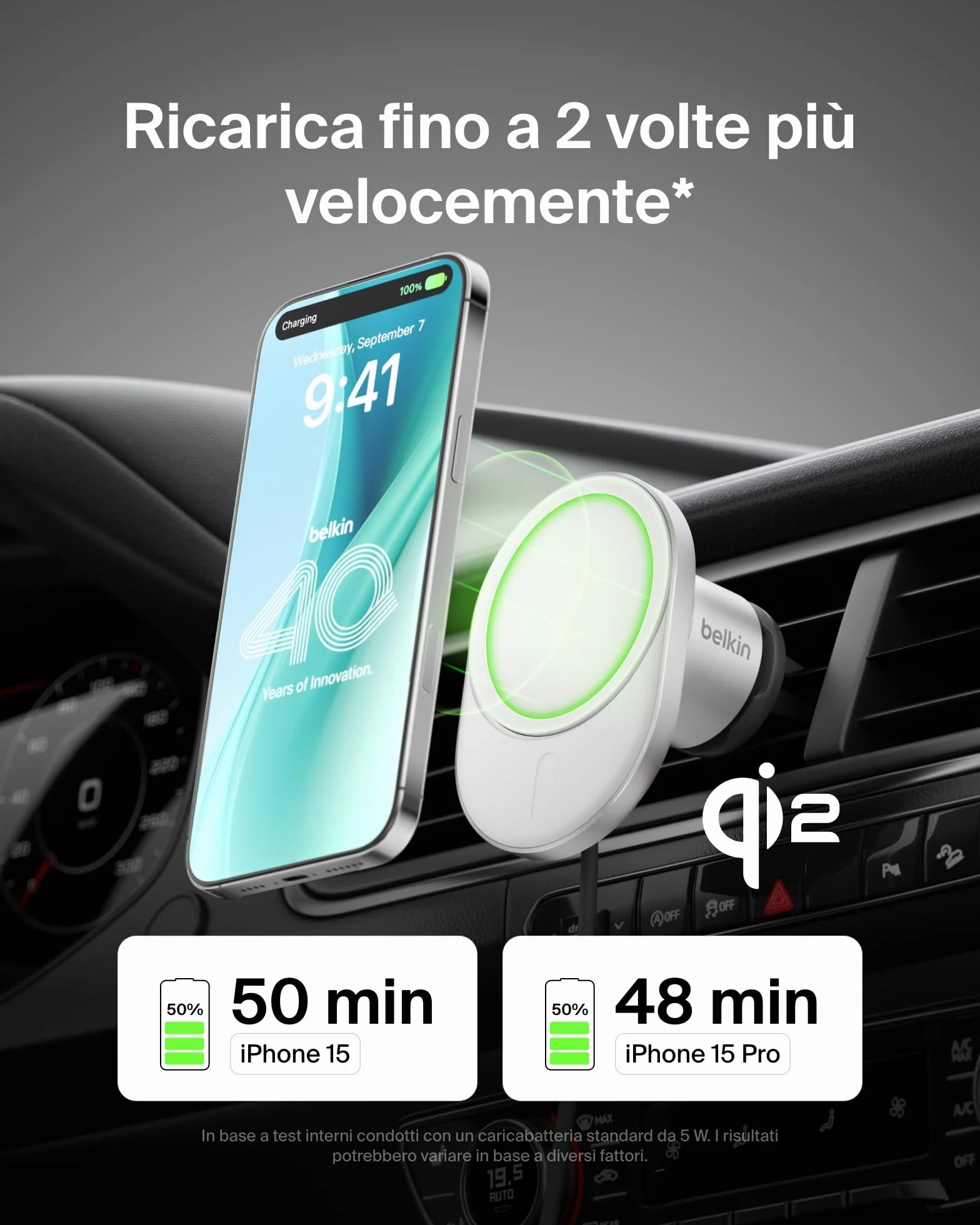 Belkin BoostCharge Pro Caricabatteria da Auto Wireless Magnetico con Qi2 da 15W, Caricatore Compatibile con MagSafe per iPhone 17, Air, Pixelsnap, 16, Cavo e alimentatore USB-C da 20W incluso