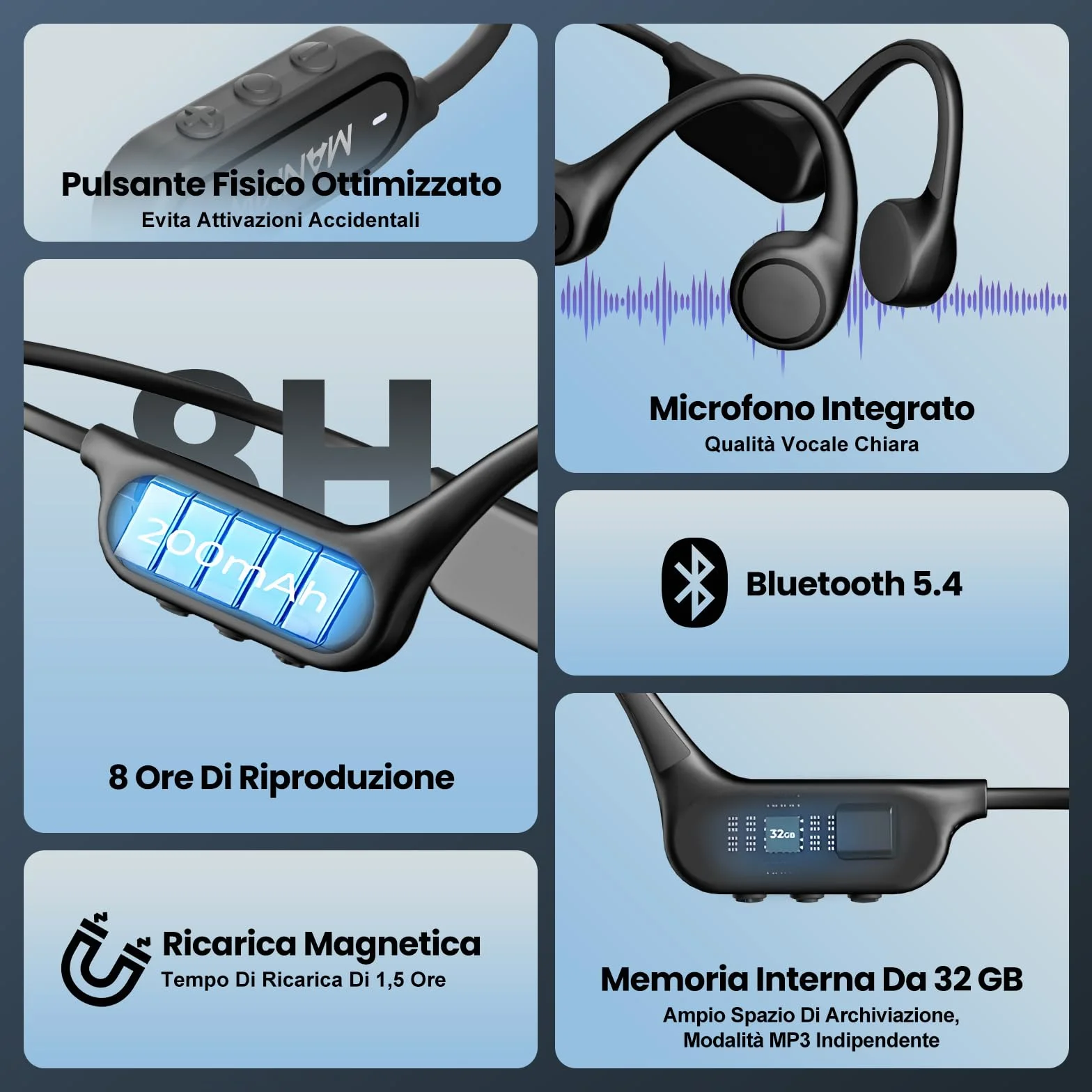 MANKIW Cuffie Nuoto Conduzione Ossea IP68, Auricolari Bluetooth 5.4 con 32GB MP3, Open Ear Impermeabili per Nuoto, Sport