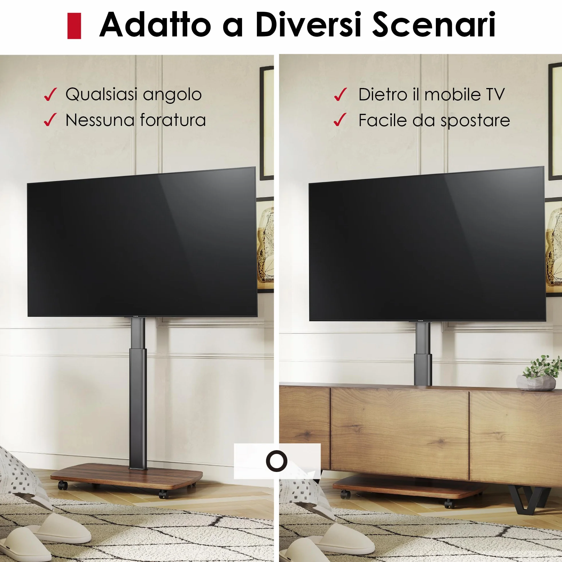 AOKCOS Carrello Porta TV con Ruote per 43-75 Pollici, Supporto TV da Pavimento Girevole e Regolabile in Altezza, Inclinabile, Base in Legno, VESA 600x400mm 50kg