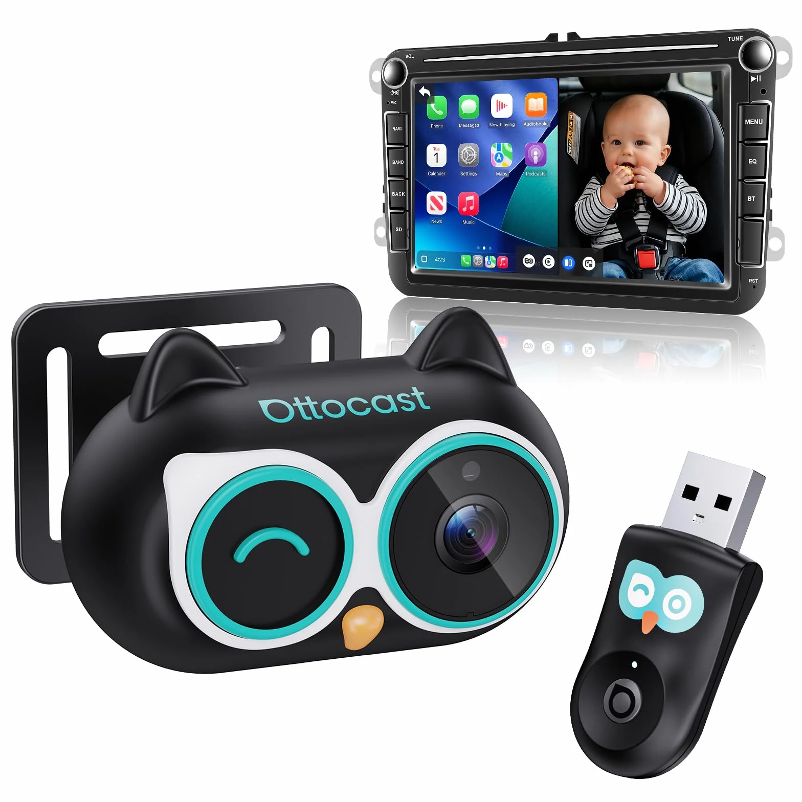 OTTOCAST Cabin Care, 2026 Adattatore Wireless CarPlay con Telecamera, Telecamera Auto per Bambini, Baby Monitor CarPlay su Schermo Originale, Split Screen & PiP, Visione Notturna 1080P, Plug & Play