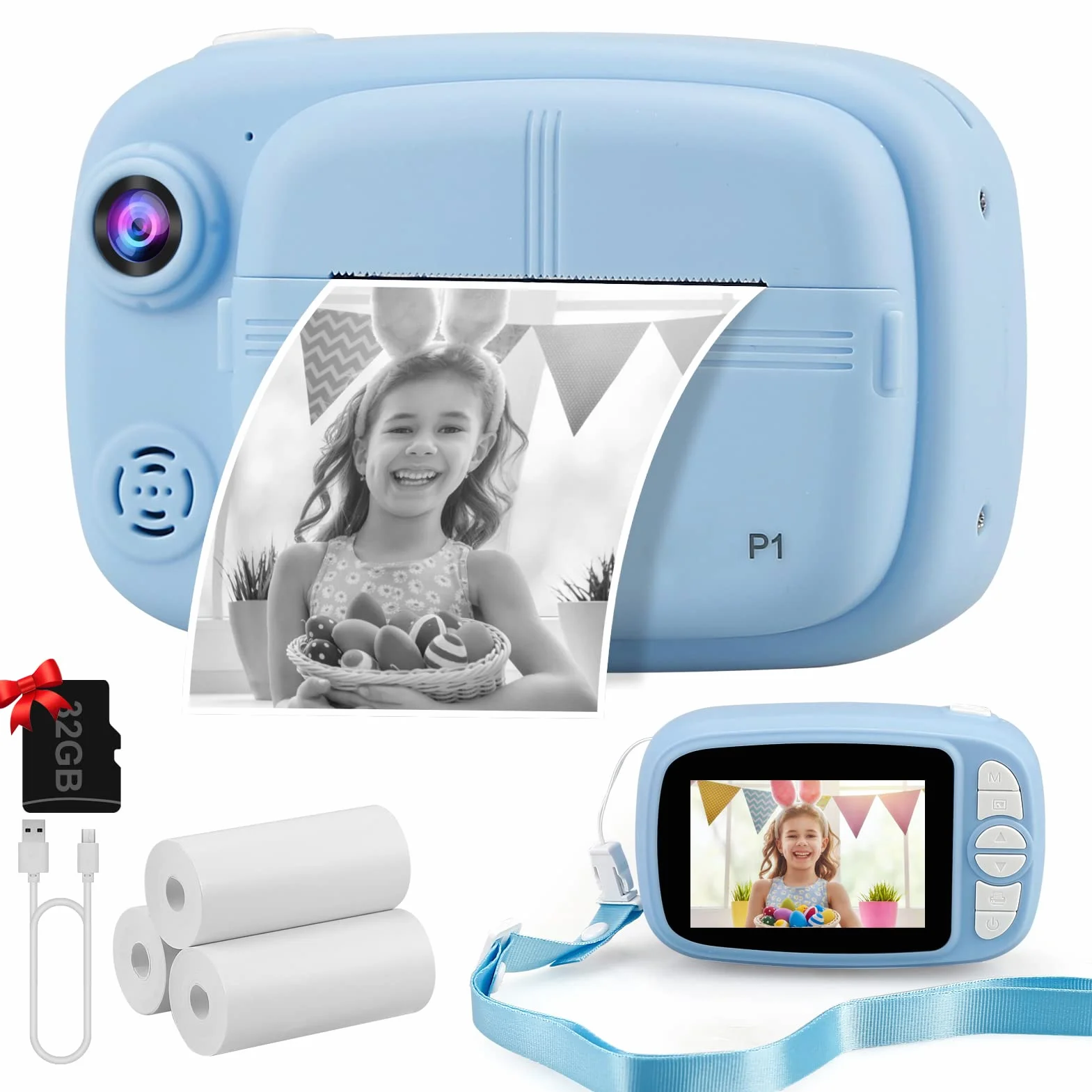Fotocamera Istantanea per Bambini, 3.5 Pollici/1080P Digitale Macchina Fotografica Bambini con 32GB SD e 4 Rotolo di Carta, Fotocamere Istantanee Regalo per Ragazze Ragazzi dai 3-14 Anni (Blu)