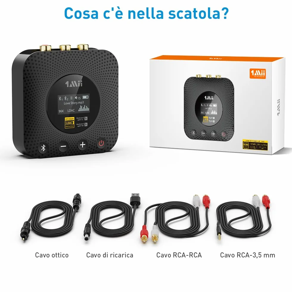 1Mii B06HD+ Ricevitore Bluetooth HiFi, Adattatore Audio Bluetooth 5.3 con DAC Audiophile, LDAC, aptX HD/Bassa Latenza, Controllo Volume, Display OLED per Stereo/Amplificatore, Uscita RCA/OPT/COAX