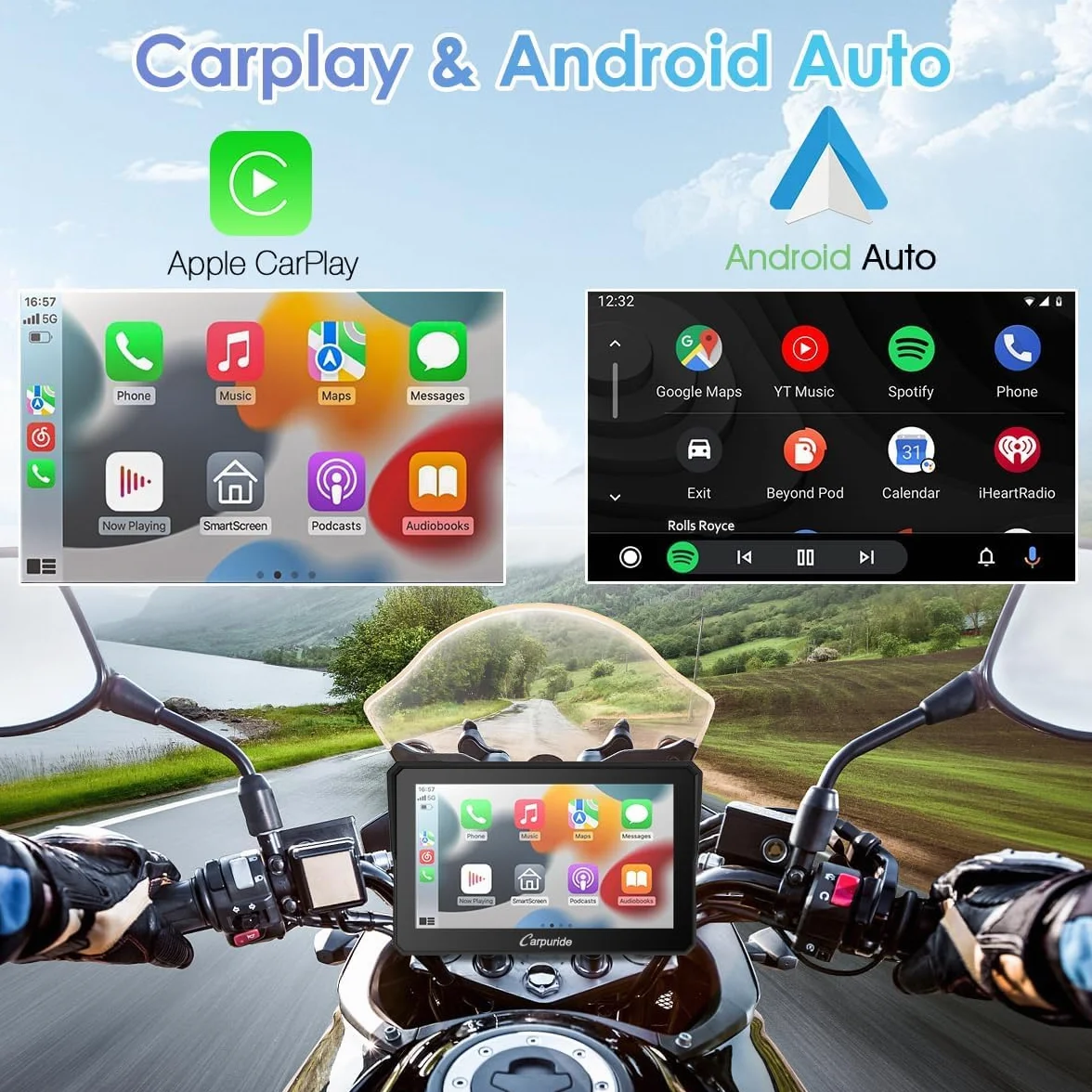 Carpuride W702 Schermo CarPlay Moto 7" Touchscreen Impermeabile GPS Bluetooth