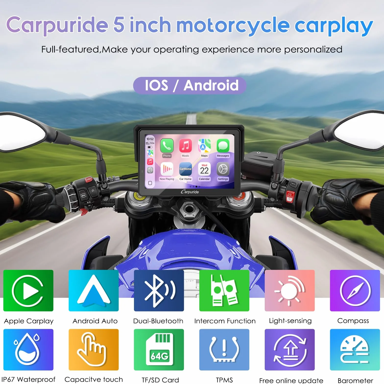 Carpuride W502TPRO per Moto con CarPlay, Android Auto, TPMS e Doppio Bluetooth - Schermo di Navigazione GPS Impermeabile da 5" per Moto, Interfono, Sensore di Luminosità, Bussola, Barometro