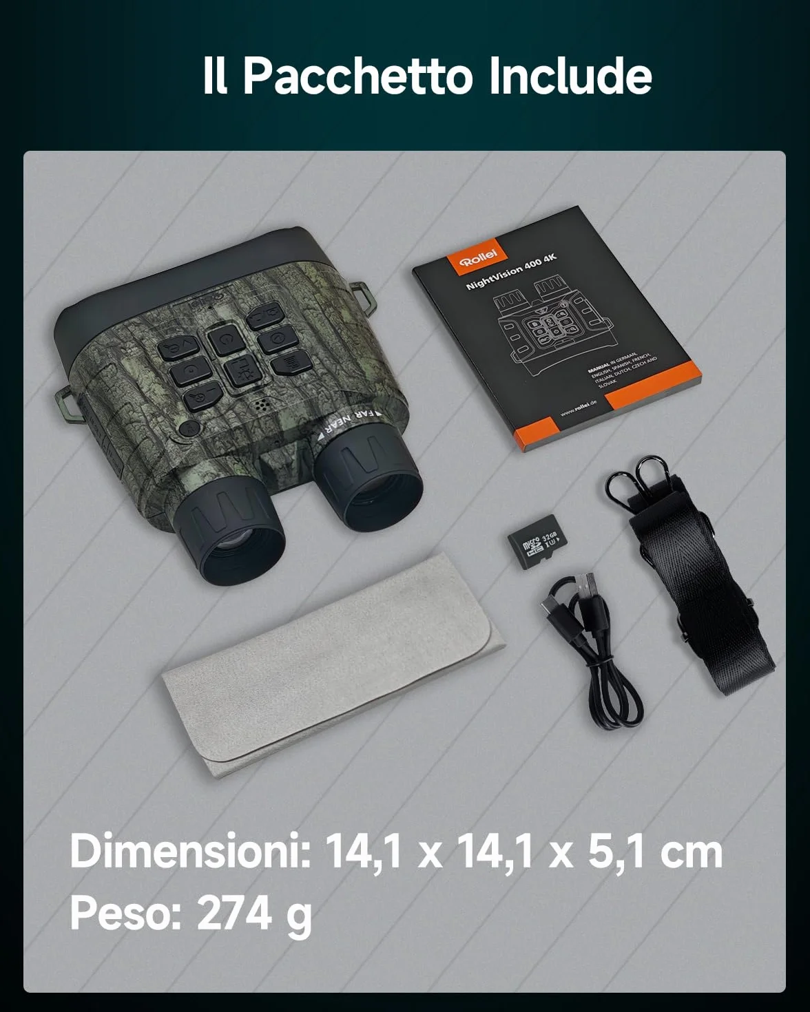 Rollei NightVision 400 4K, binocolo da 40 MP, con visione notturna, militare, zoom digitale, 32 GB, scheda SD, 400 m, fotocamera a infrarossi con torcia da 5000 mAh, visione notturna, binocolo per