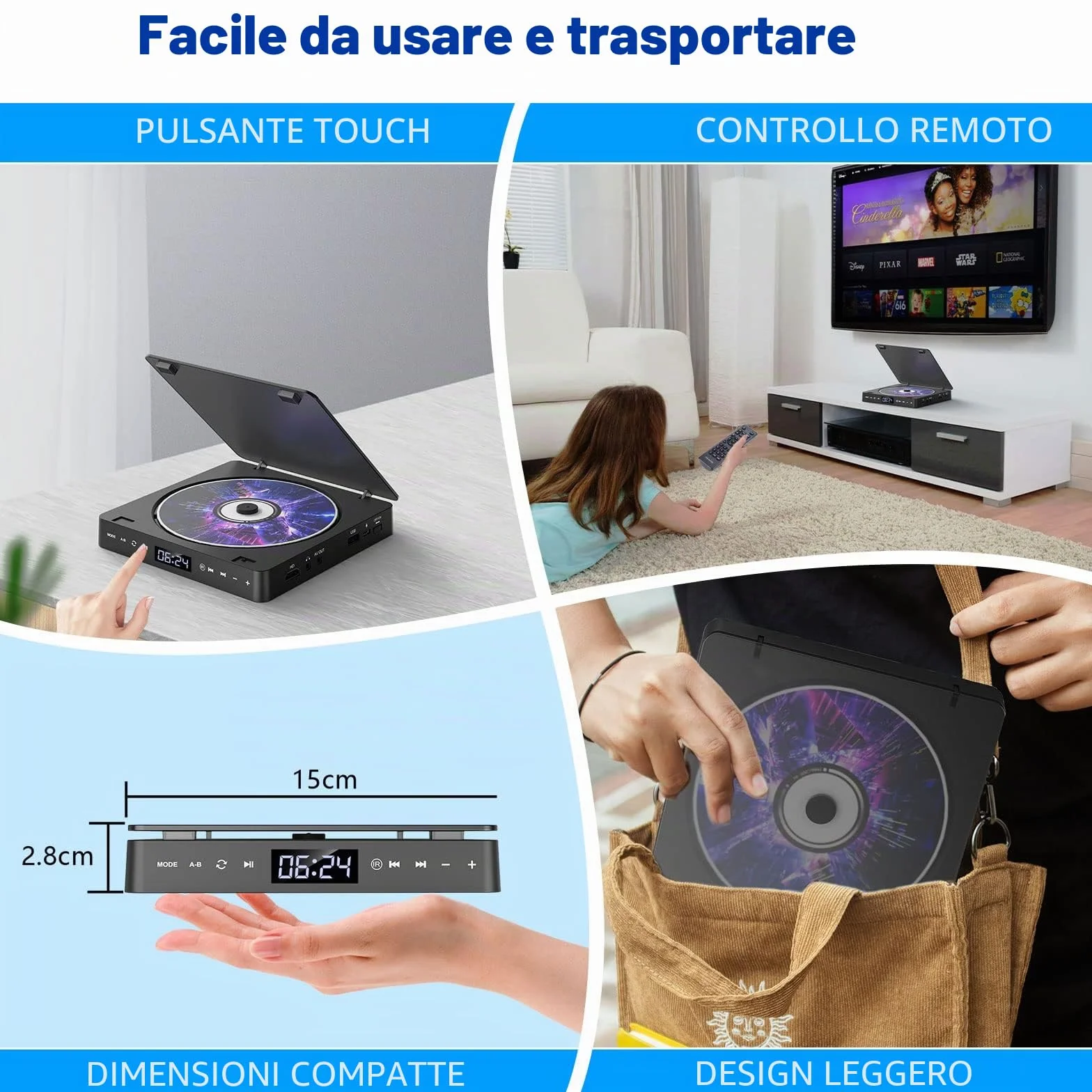 Gueray Lettore DVD per TV Tutte le regioni Free Portatile Mini DVD CD Lettore con HD 1080P HDMI/AV USB/3.5MM AUX Port, Includere Telecomando HDMI & Cavo AV (dvd-708)