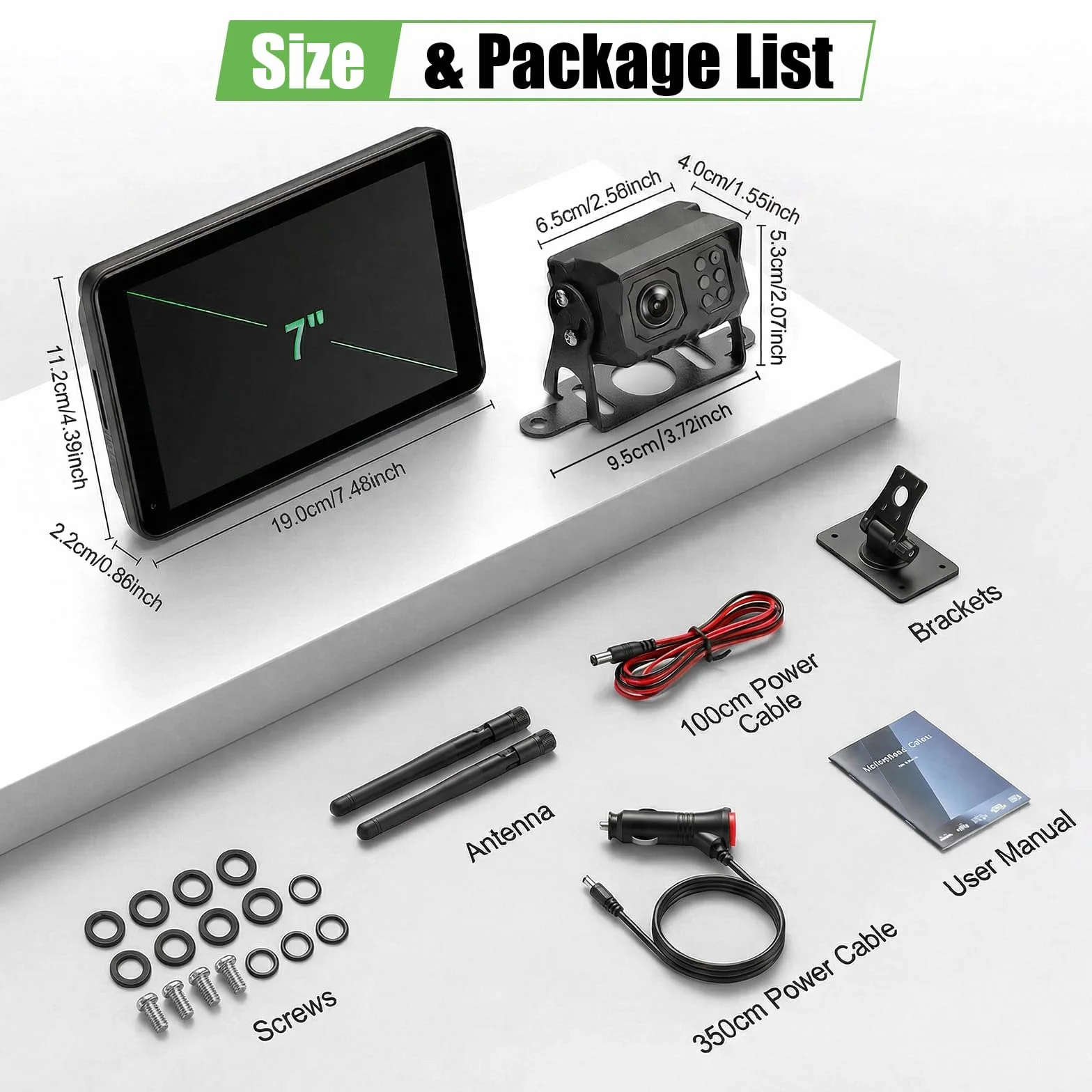 Telecamera di retromarcia senza fili 7" IPS touchscreen set per camper con telecamera posteriore a visione notturna, impermeabile IP68, registrazione in loop, BSD e linea di retromarcia
