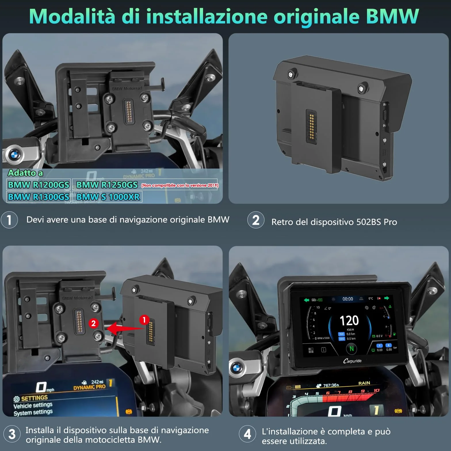 CARPURIDE W502BS Pro per Moto BMW CarPlay e Android Auto, Doppio Bluetooth, Schermo di Navigazione Impermeabile da 5 Pollici, Lettura dati, Native Wonder, TPMS, Sensore di luce, Condivisione di Musica