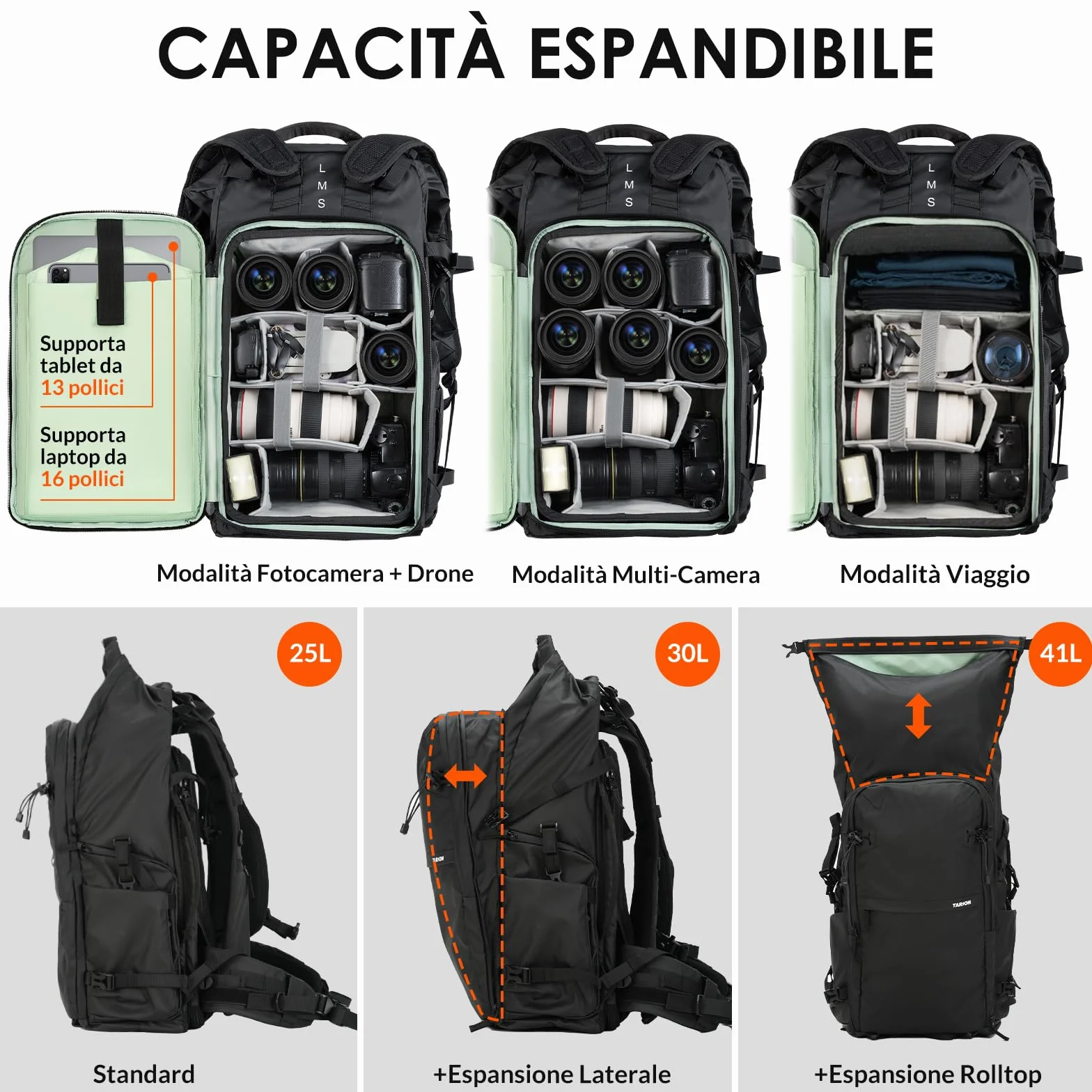 TARION Zaino Fotograifco Trekking Grande: Zaino Fotocamera Reflex Impermeabile Borsa Fotografica Professionale con Scomparto per Laptop da 16 per DSLR Drone Xprober