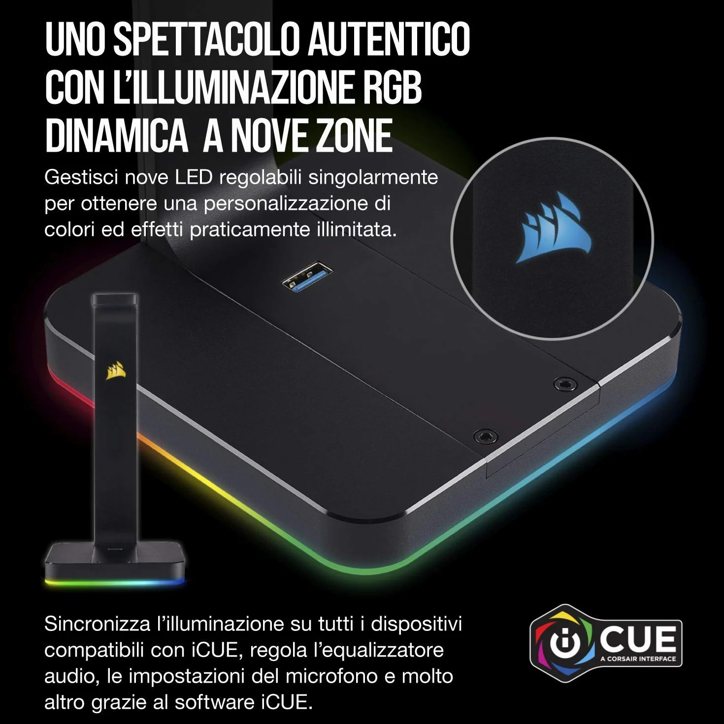 Corsair ST100 RGB Porta Cuffie Premium con Scheda Audio 7.1 Surround Integrata, Nero