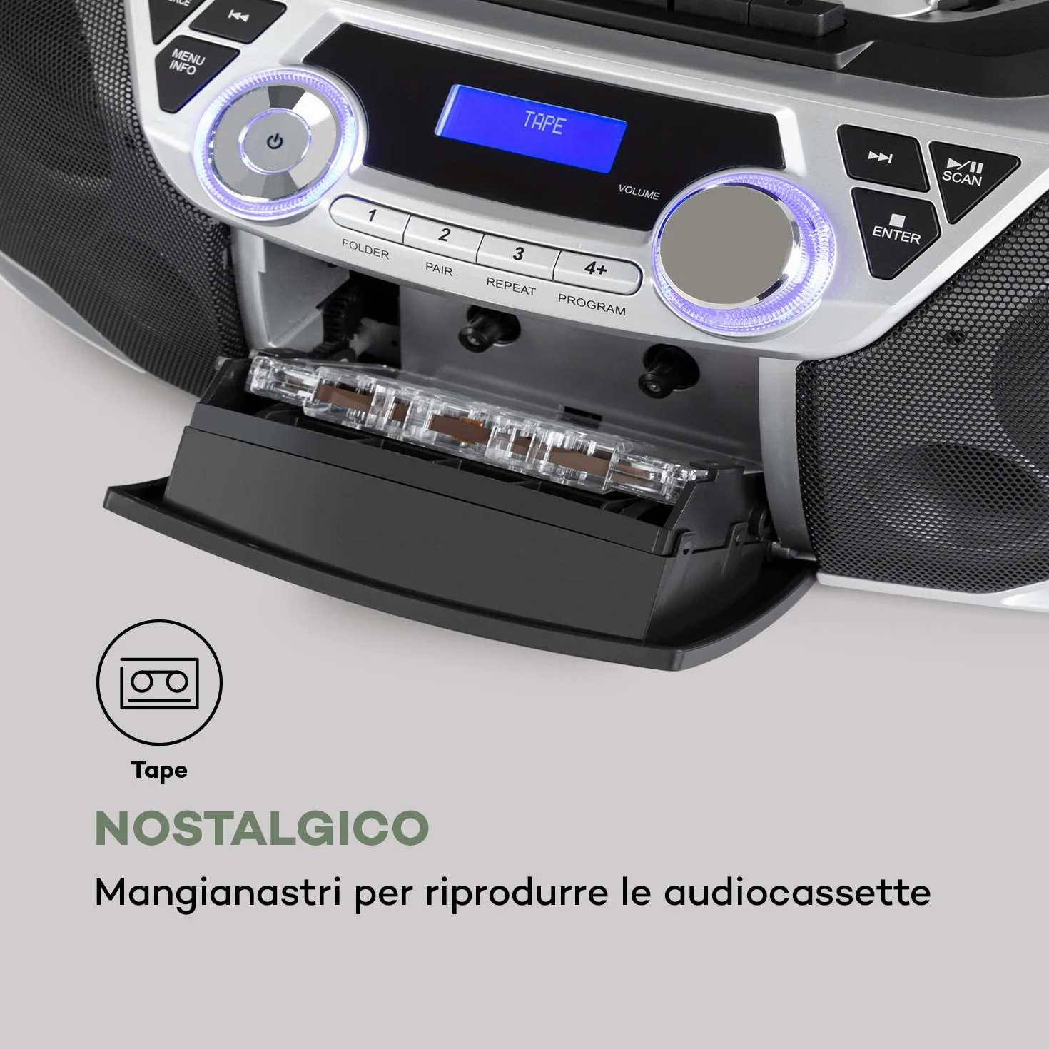 auna Roadie 2K - Boombox, Radio DAB+/FM, Lettore CD, CD-R/CD-RW/CD-MP3, Radiocassette, Portatile, USB, MP3/WMA, Bluetooth 5.0, AUX, Alimentazione a Corrente e Batteria, Argento