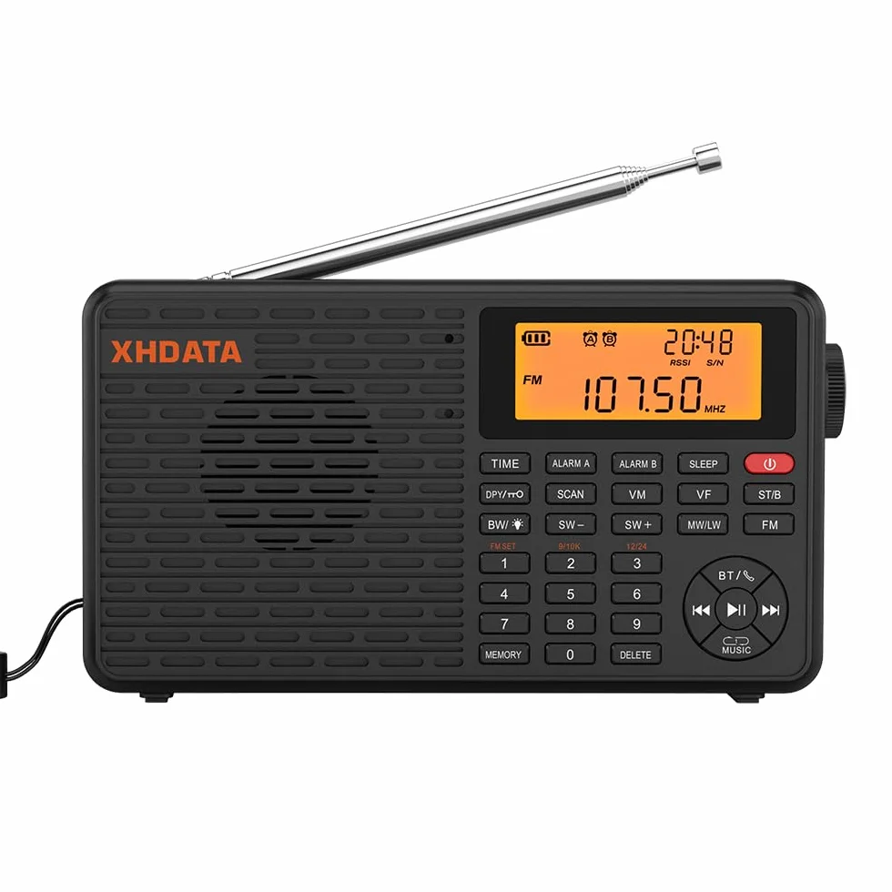 Radio portatile, radio digitale con Bluetooth, radio FM ricaricabile USB-C, doppio allarme, orologio SleepTimer 400 stazioni preimpostate, supporto micro SD per musica, XHDATA D-109 per casa e viaggio