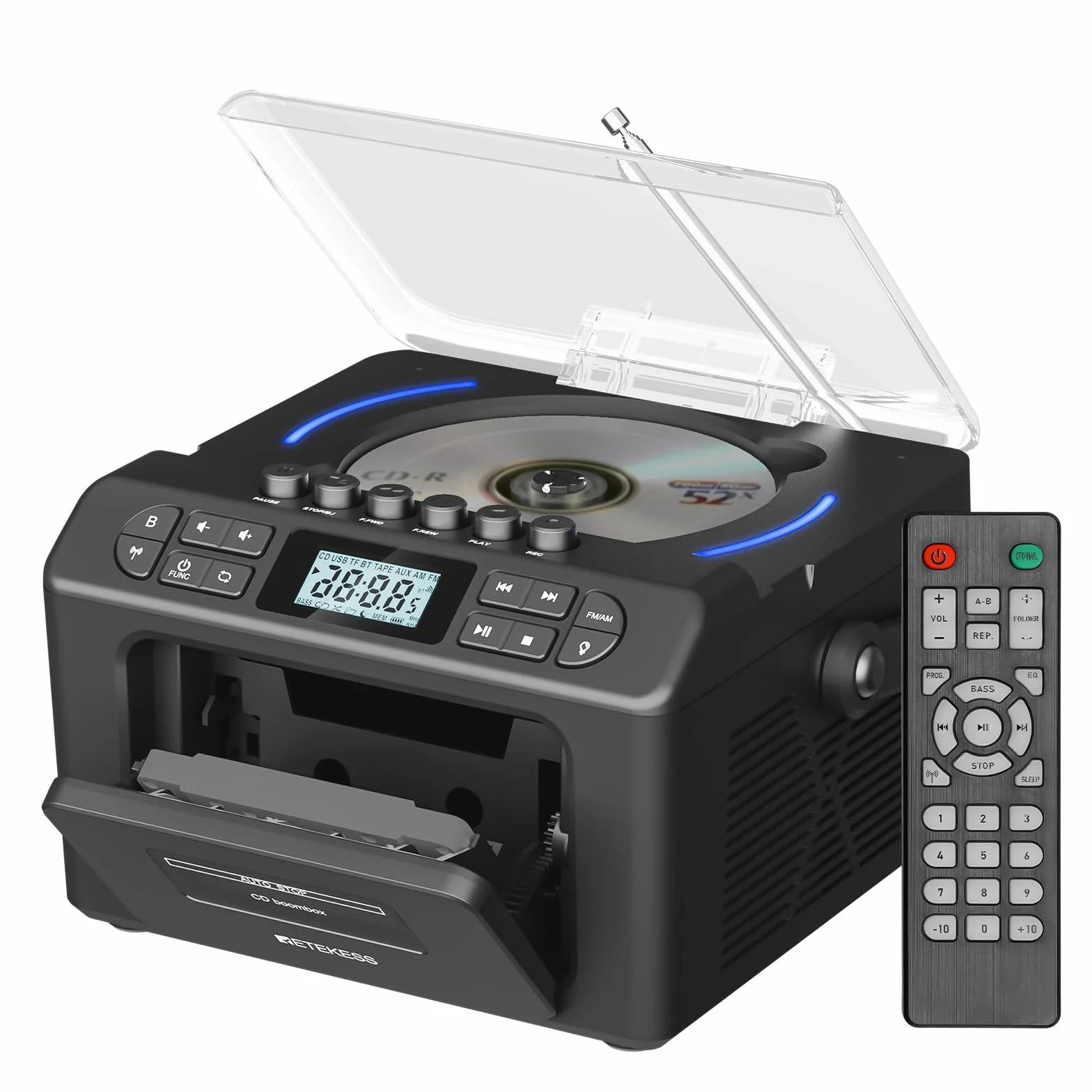 Retekess TR642 Lettore CD Boombox Portatile, Radio con Lettore CD, AM FM Radio, Connettività Wireless, USB/AUX/TF, con Telecomando, Jack per Cuffie, Batterie Ricaricabili, Adatto alle Famiglie