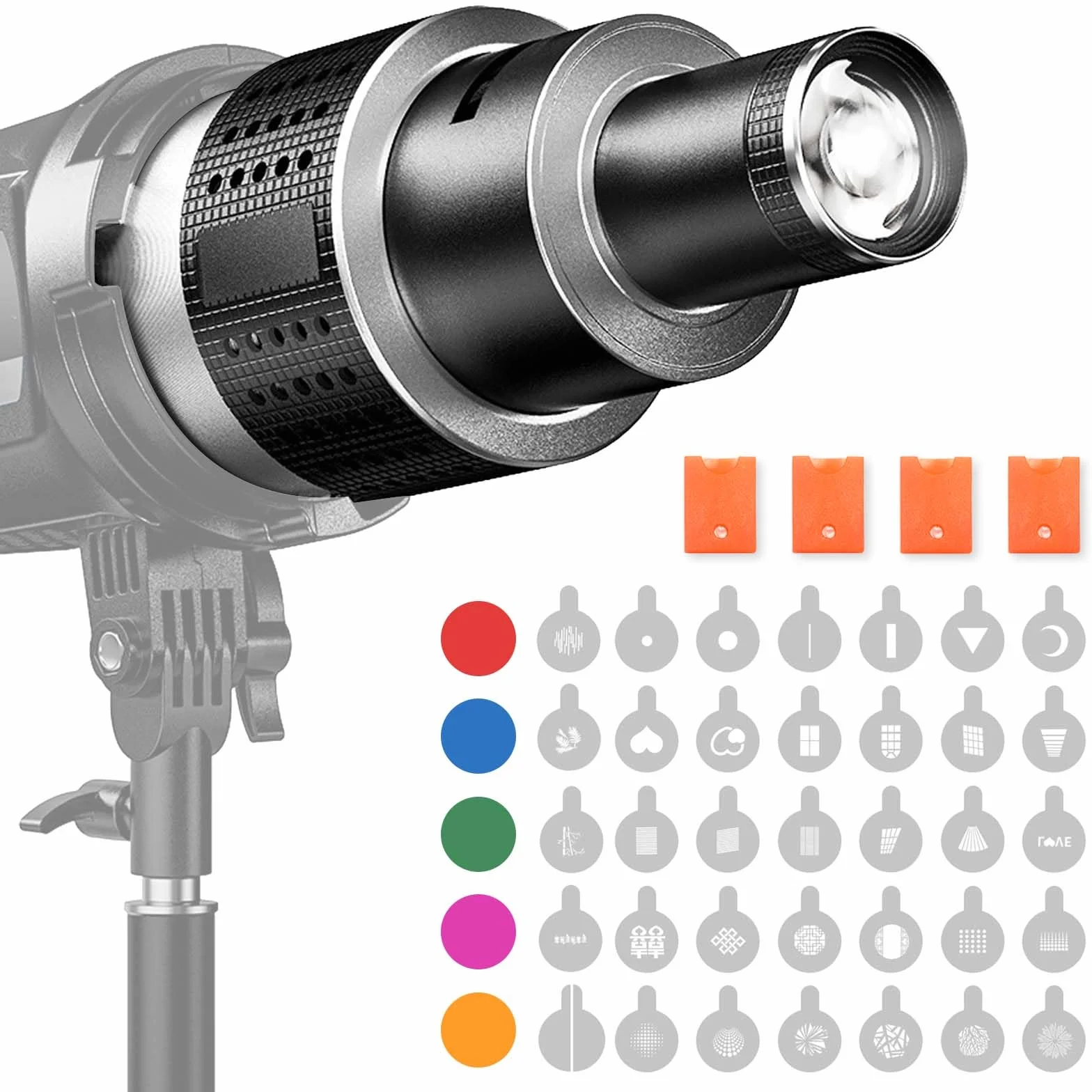Snoot Ottico per Bowens Proiettore, Condensatore con 35 Gobo e 5 Filtri Colore, Snoot Ottico per Aputure Amaran 100DS 100XS 200DS, Godox SL60W VL150, Nanlite FS150B ecc.