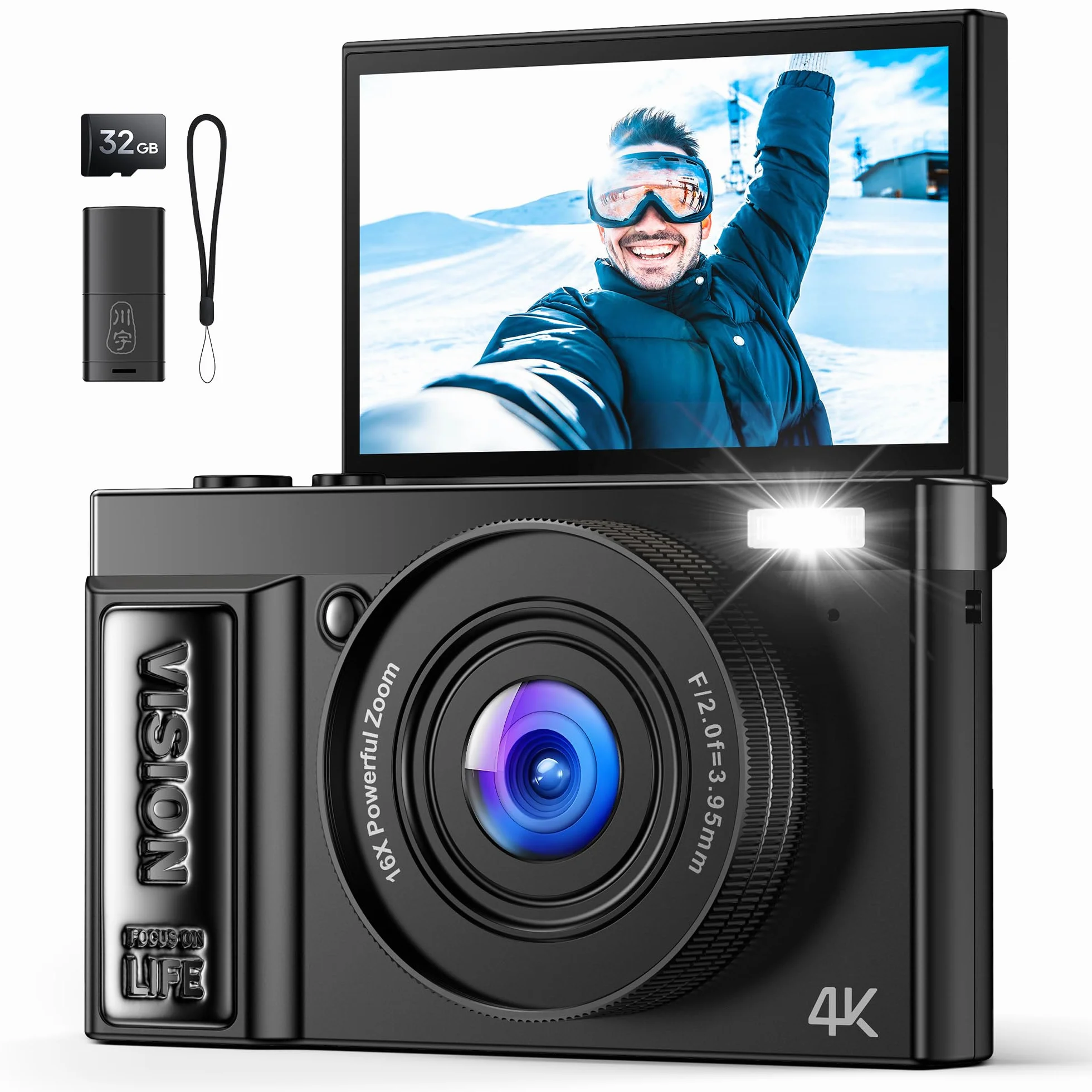 Macchina Fotografica Digitale 4K Ultra HD: 64MP Fotocamera Macchine per Principianti - Digitale Camera con Autofocus 16X Zoom - Flip 180° Videocamera con Scheda di Memoria Da 32GB Nero - YYZA9