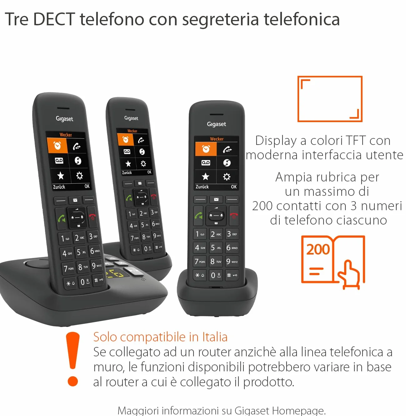 Gigaset C575A Trio - Cordless Trio con segreteria telefonica - possibilità di passare la chiamata da un portatile all'altro, Nero [Versione Italiana]