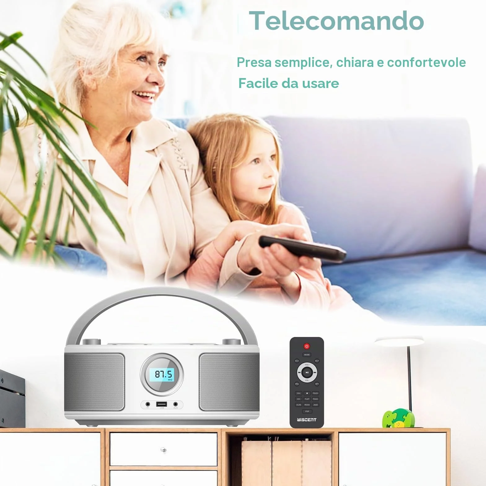 Radio Portatili Boombox con Bluetooth, Telecomando, Lettore CD Stereo con Radio FM, Ingresso Blue Tooth, USB, AUX-IN,Compatibile CD-R/CD-RW,AC o Alimentato a Batteria