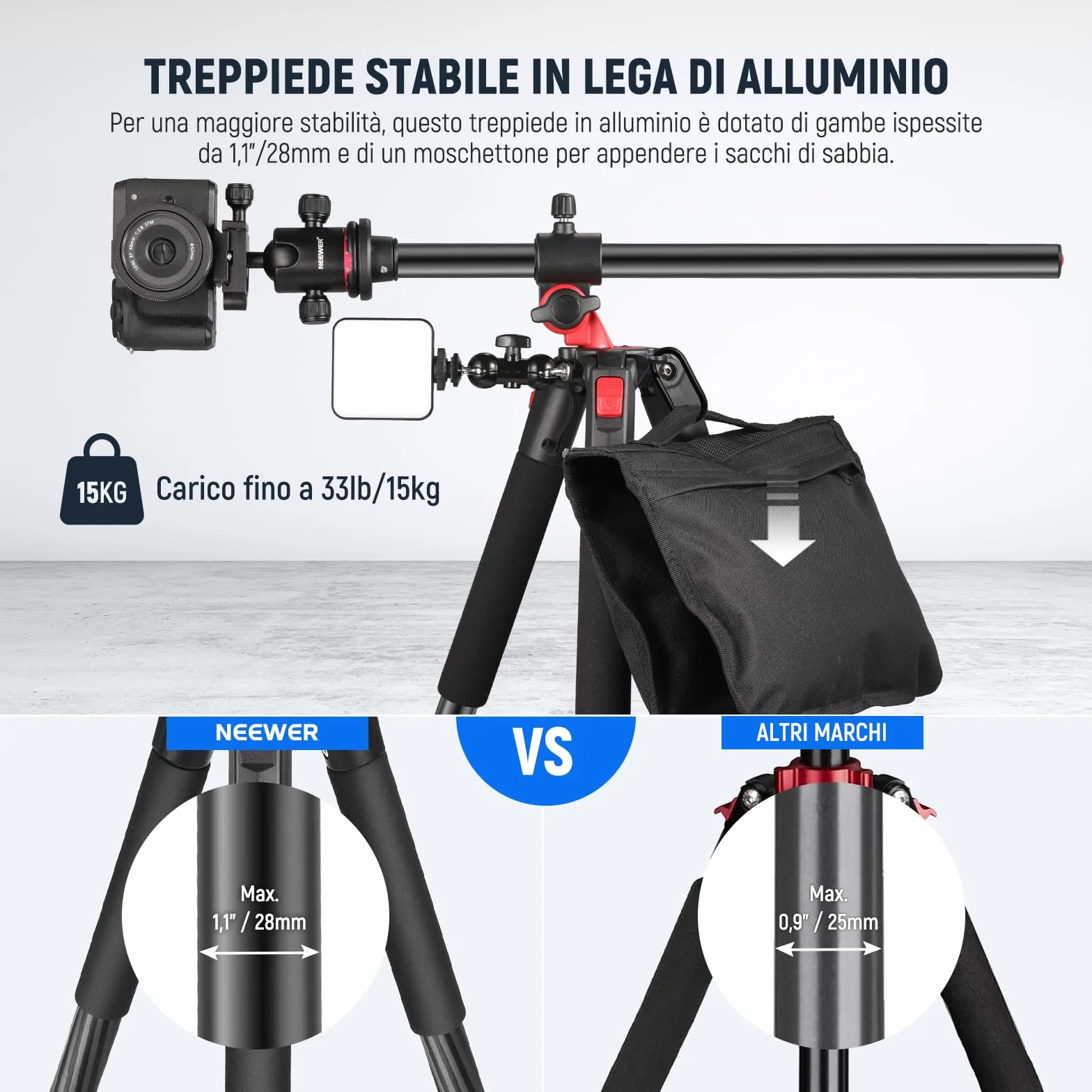 NEEWER 184cm Treppiede Monopiede per Fotocamera con Colonna Centrale e Testa a Sfera in Alluminio, Piastra QR Tipo Arca, Borsa, Treppiede Braccio Orizzontale per Fotocamera DSLR, Videocamera, Max 33lb